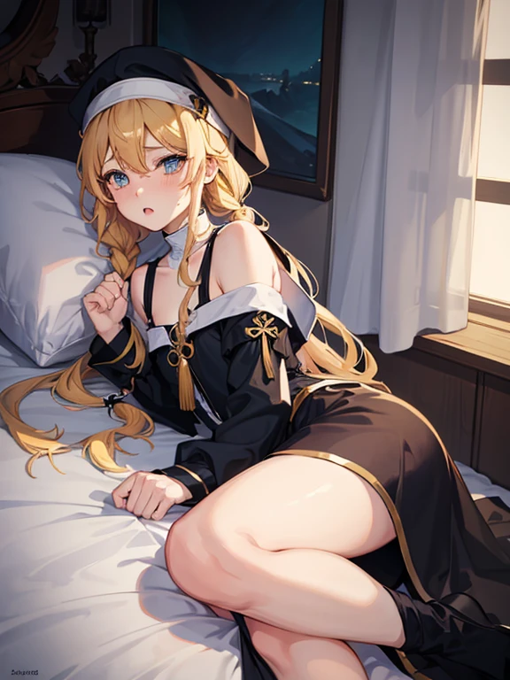 NSFW, 1boy, 1male, light skin, wearing make up, blushing face, long hair, blond hair, braid hairstyle, flowing hair, wearing nun clothes, wide hips, flat chest, giant butt, flat chest, cute boy, beautiful boy, femboy, crossdresser boy, soft body, laying down on bed, soft body, femboy body, rim light, high resolution