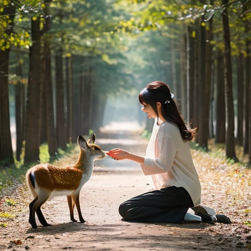 There is a deer。There is a fox。woman playing with squirrel