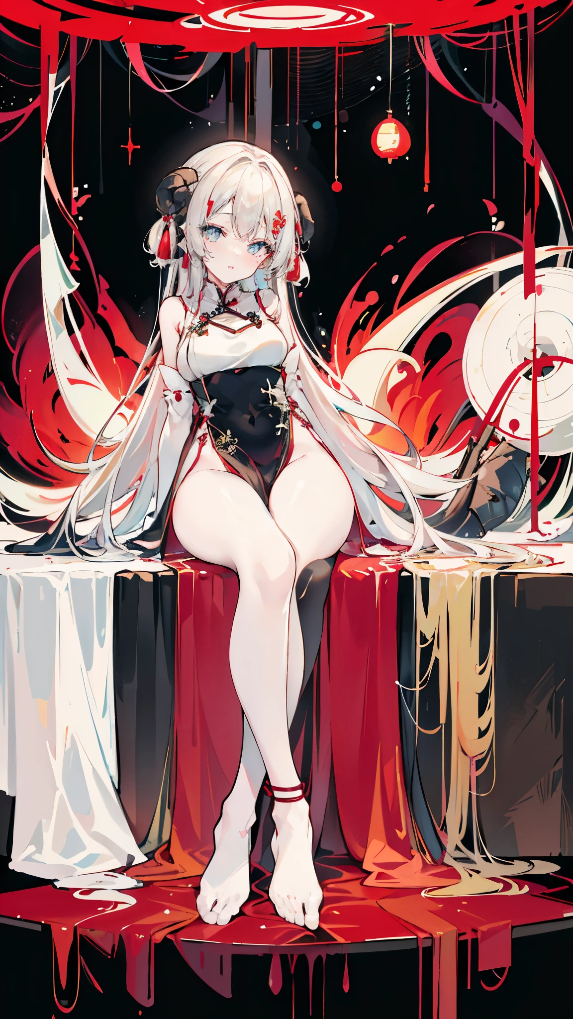 a girl，Sheep&#39;s horn, full color,  long white hair, Red眼睛 ，Eyeliner,  black transparent clothes, Red, open air, Rose, night, ruins, Butterfly，mine same as the original, mine, , (:1.2)
rest, (cheongsam), (view from below), (Put your arms behind your back), (wild lift), thin dress, Crotch cutout, best quality, high resolution, unified 8k wallpaper, (illustration:0.8), (Beautiful and delicate eyes:1.6), extremely detailed face, perfect lighting, Very detailed cg, (perfect hands, perfect anatomy),soles of feet，sitting，blond，red lips，Acting cute，Close-up of feet，up-close，Complete feet