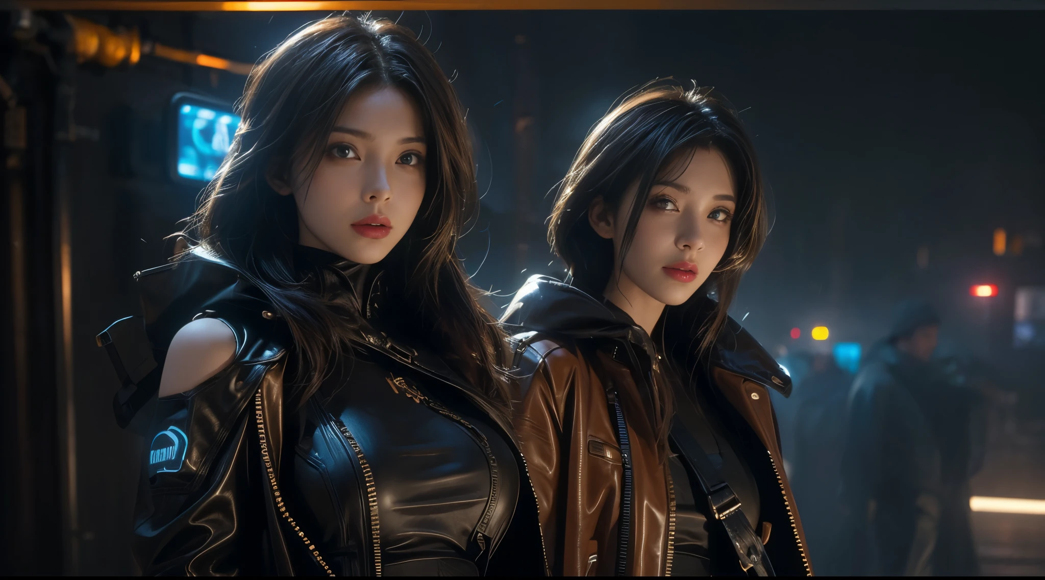 original photo, (best quality:1.3), high resolution, (masterpiece), (lifelike:1.4), Professional photography, sharp focus, high dynamic range, 8K resolution, intricate details, Exquisite details, depth of field, Extremely detailed CG unified 8k wallpaper, masterpiece,movie poster,best quality,official art,(Beauty and aesthetics:1.2),(masterpiece:1.3),The cities of the future,cyberpunk characterar,a girl,Leather jacket,Off the shoulders,No underwear,looking at camera,(medium focal length lens:1.8),volumetric fog,rain,night,drama