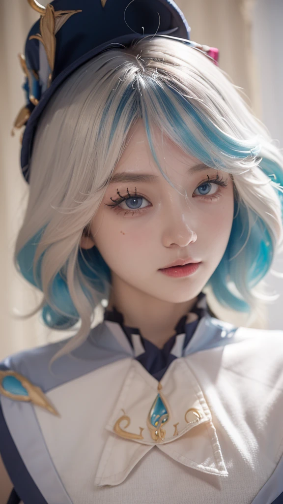 masterpiece, best quality, 1girl, furina, gens hin impact, white hair, blue hair, cute, tear s haped pupils