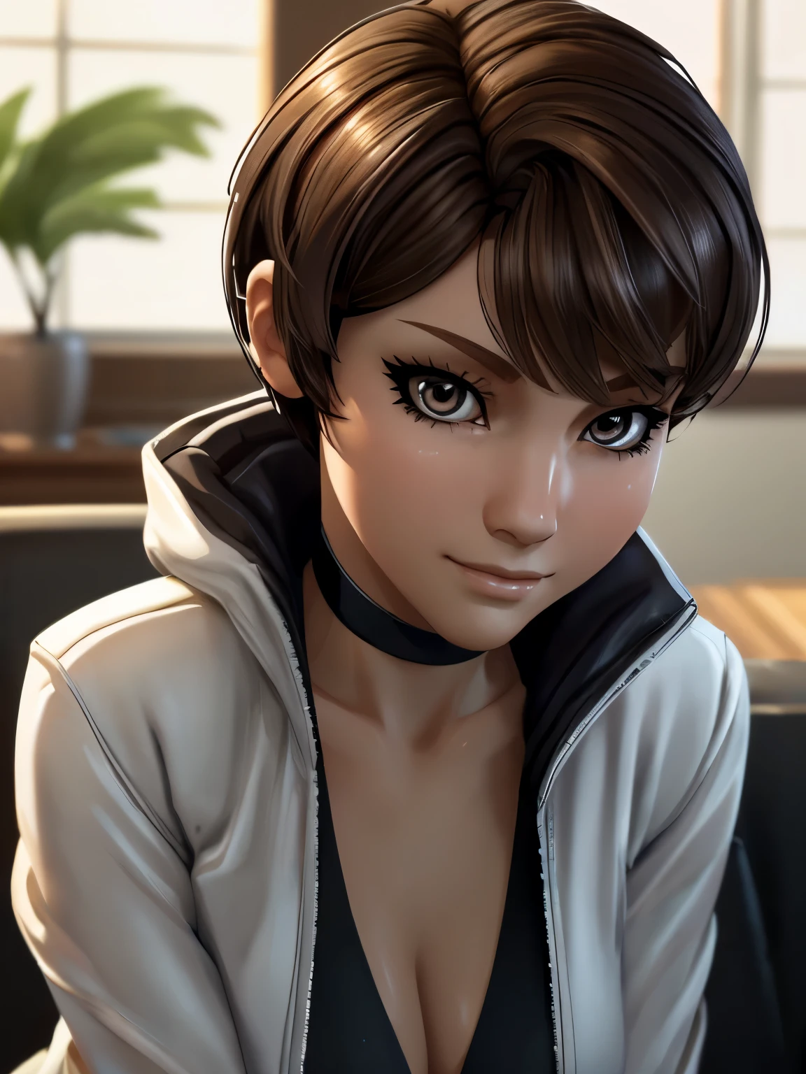 ((ultra quality)), ((masterpiece)), android girl, cyberpunk, ((brown haired short hair)), (beautiful cute face), (beautiful female lips), charming, ((sexy facial expression)), looking at the camera smiling softly, eyes slightly open, (skin color pale white), glare on the body, Android Body, ((detailed beautiful female eyes)), ((dark brown eyes)), (juicy female lips), (black eyeliner), (beautiful female hands), ((ideal female figure)), ideal female body, beautiful waist, gorgeous thighs, beautiful medium breasts, ((subtle and beautiful)), stands temptingly (face close up), (dressed in servant&#39;s clothes, black leggings, white skirt, white jacket, white choker) background: Vacation home, living room, ((depth of field)), ((high quality clear image)), (clear details), ((high detail)), realistically, professional photo session, ((Clear Focus)), anime