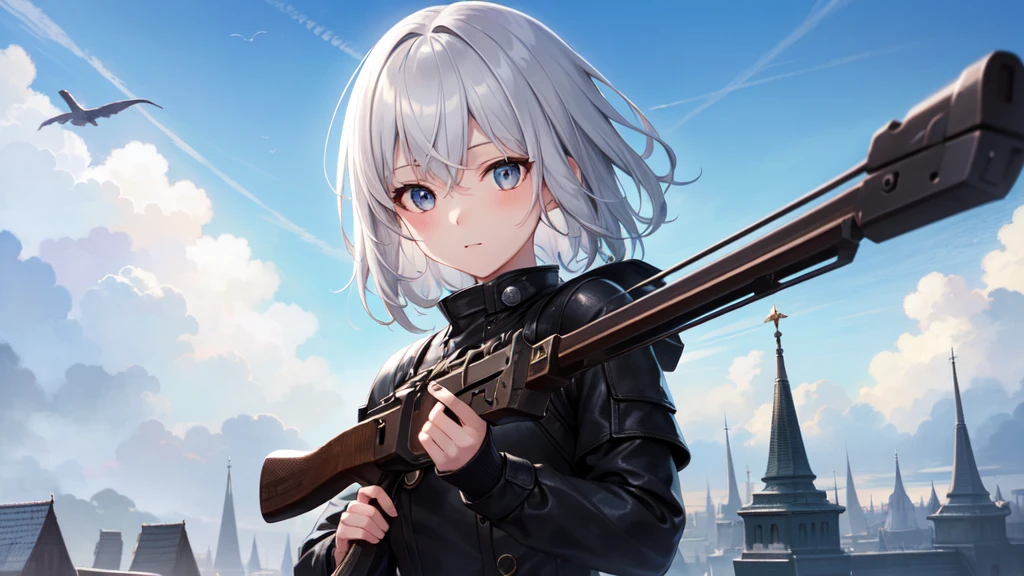 super high quality, girl, とてもshort hair, long bangs between the eyes, very detailed,(masterpiece、highest quality)、alone、dark gray, silver hair, gray eyes, beautiful eyes,、short hair,blue sky , sunlight,fantasylandscape,In combat、have a weapon