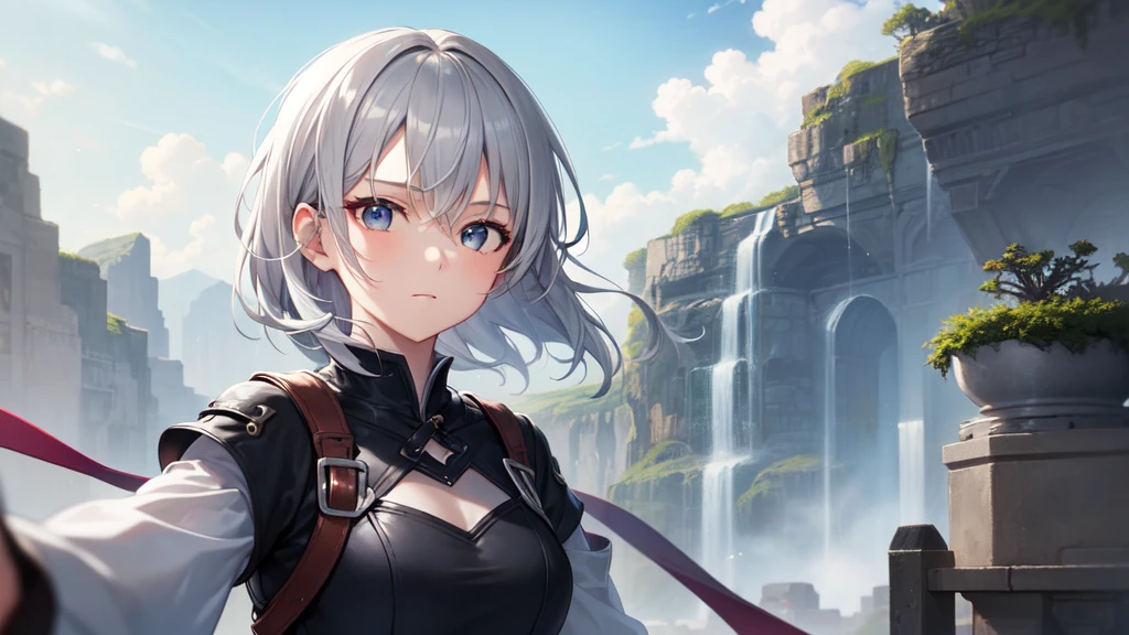 super high quality, girl, とてもshort hair, long bangs between the eyes, very detailed,(masterpiece、highest quality)、alone、dark gray, silver hair, gray eyes, beautiful eyes,、short hair,blue sky , sunlight,fantasylandscape,In combat、have a weapon