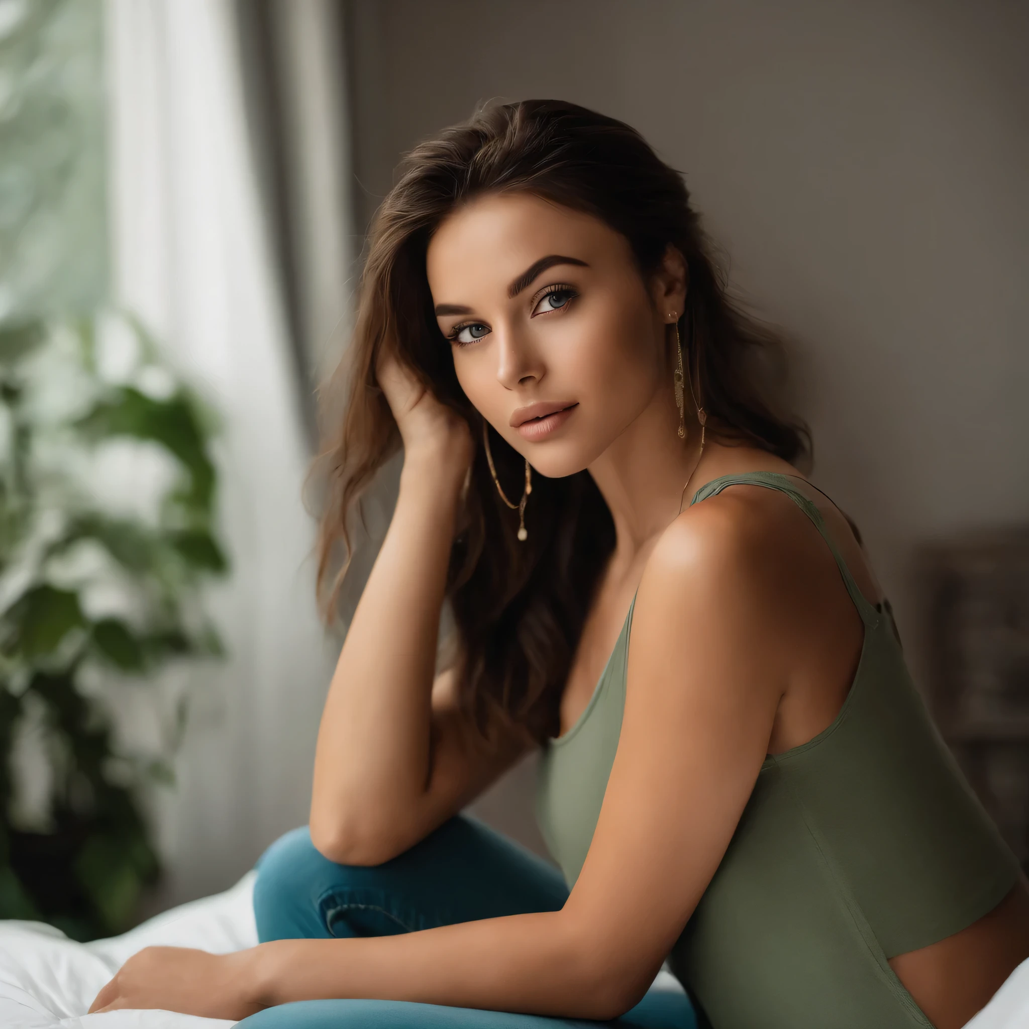 Mujer con camiseta sin mangas y bragas a juego, Chica sexy con ojos azules, Retrato Sophie Mudd, Retrato de Corinna Kopf, cabello rubio y ojos grandes, selfie de una mujer joven, Maquillaje OHNE, Maquillaje natural, looks directly at camera, habla por telefono, Cara con Artgram, dezentes Maquillaje, Gran foto de cuerpo entero, in the room, senos grandes, rubio, latina, fondo amarillo entero
