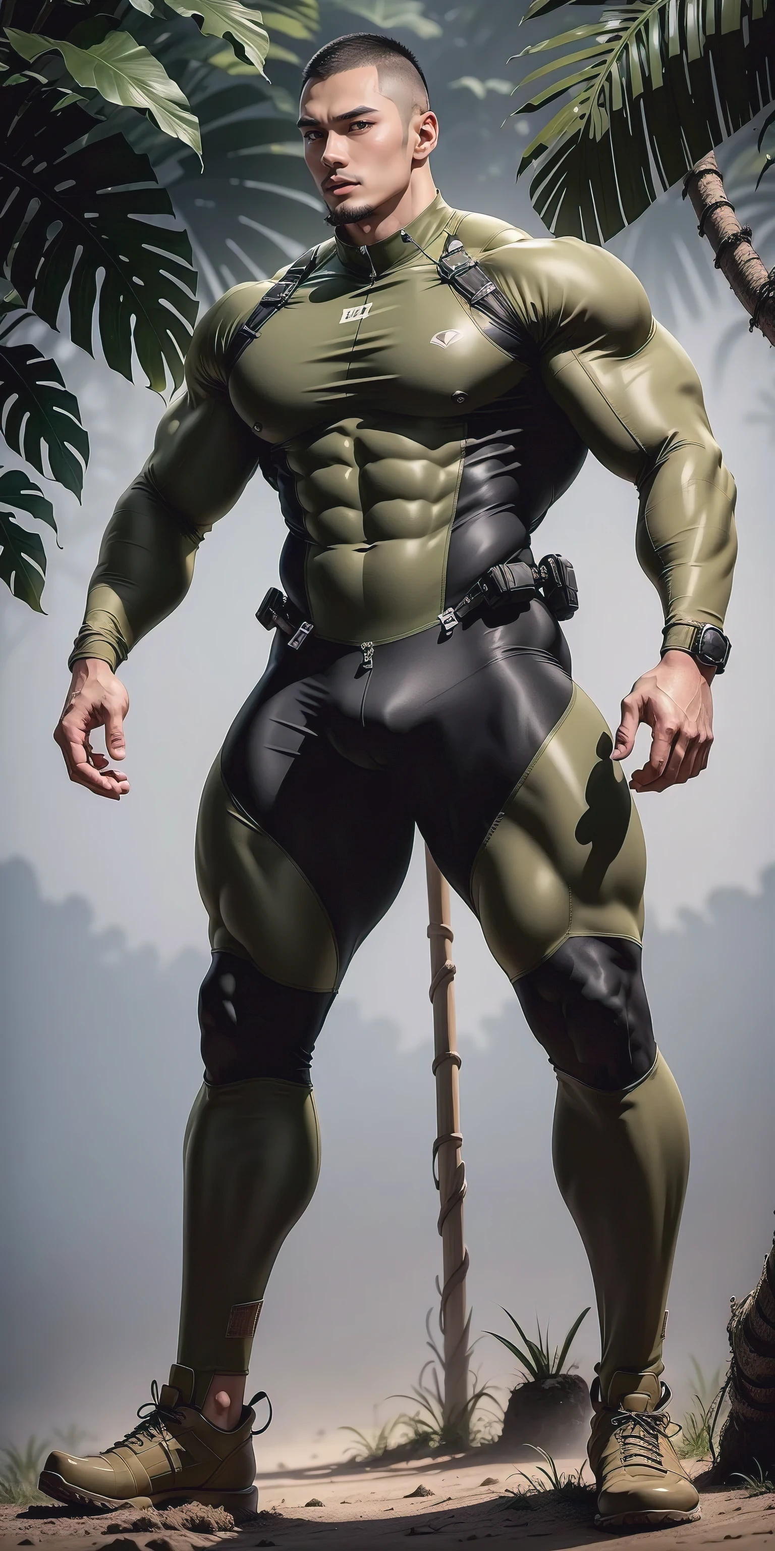 Tall giant muscular man with his mouth open and screaming.，Khaki camouflage uniform，strong tough guy，Buzz Cut，white short hair，Wearing a khaki camouflage wetsuit，matte texture，regular symmetrical texture pattern，Standing in the dark sugar cane jungle, The body  wrapped in thick rattan，Sad expression，Deep and charming eyes，The hero with emerald pupils，heroic male pose，高urly，muscular！Charming leg muscles，High, burly, Heqiang， Wearing a khaki camouflage wetsuit， Super gain and cool， high resolution committee， Big feet in black boots，Charming strong man，The bright sunshine shines on you