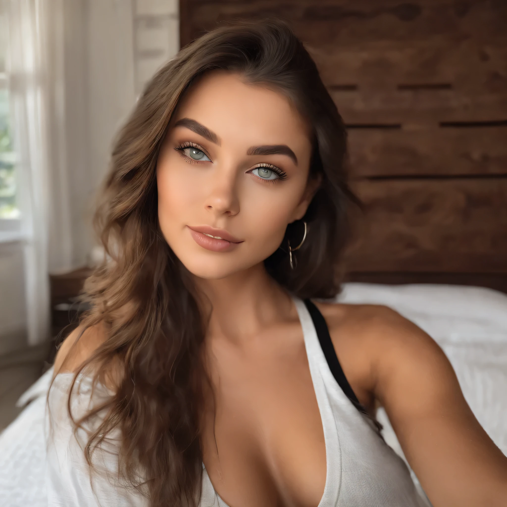 arafed woman with a white tank top and a necklace, with green eyes, portrait sophie mudd, brown hair and large eyes, selfie of a young woman, bedroom eyes, violet myers, without makeup, natural makeup, looking directly at the camera, face with artgram, subtle makeup, stunning full body shot, piercing green eyes, beautiful angle, attractive pose, cute girl, sexy pose, full body picture, full body, full body shoot, brunette goddess, high detail, satisfied pose, leather pants