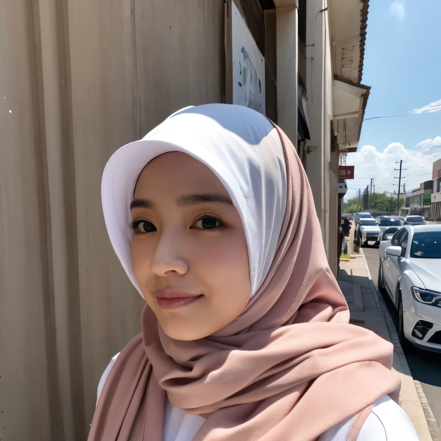 masterpiece, best quality, highres, female, 1girl, wearing hijab, selfie, close up, white shirt, 17 yo, chair