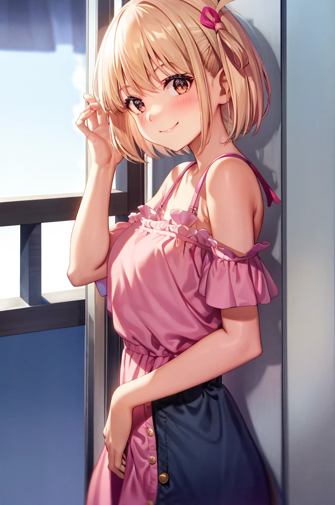 Thousand miles, 1girl in, bangs, short hair, solo, Are standing, Lilcoli Ricoil、medium breasts、Her upper body is in pajamas and her underwear is exposed with her hands.。 I can see her pink bra、She was wearing only pink frilly panties on her lower body.、on my balcony、The background is a night view、blushing and smiling。