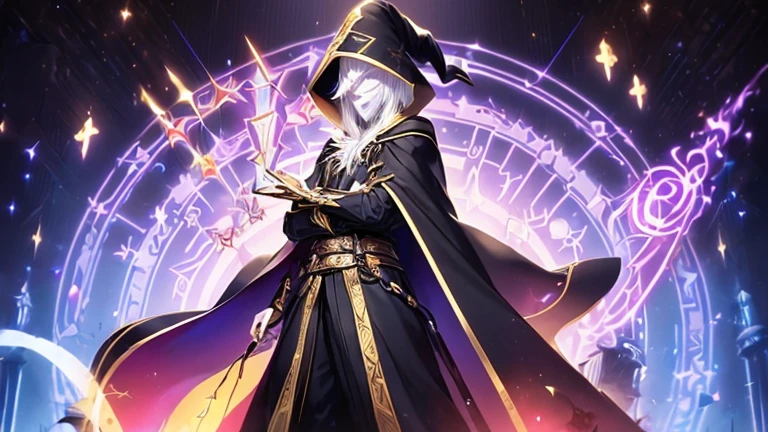 ((Great wizard and master of magic.)), ((Sorcerer&#39;s Cloak and Hat)), ((mature man)), ((early 20s)), compact, ((Male wizard)), 1 boy, Masterpiece, nonsense, Nice details, HDR, alone, upper body, A charming expression, ((white skin)), The magic runes surrounding him, magic circle in the background, ((Eye mask)), ((Cross your arms)),