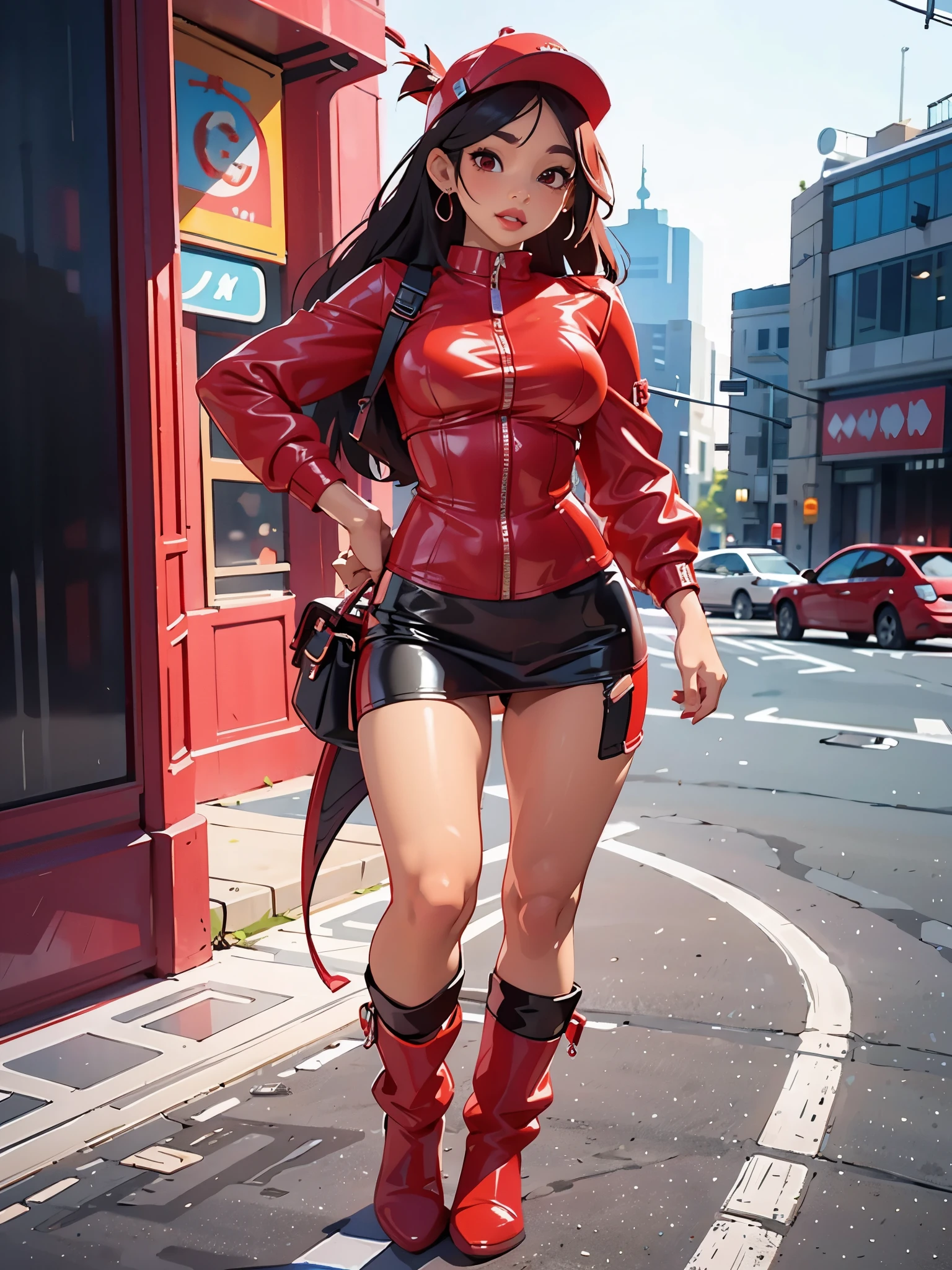 woman in a red dress and hat walking down a street, succubus in tight short dress, sexy style, very sexy outfit, sexy outfit, sexy dress, leather clothing and boots, sexy look, leather, latex dress, wearing leather, tight attire, leather clothes, wearing a full leather outfit, tight dress, leathery, tight outfit, sexy red dress