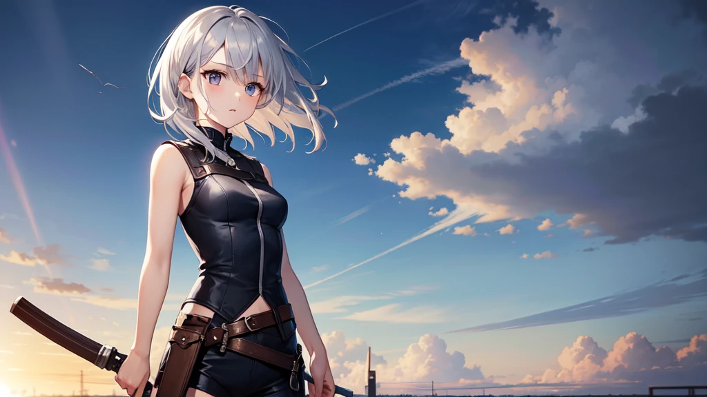super high quality, girl, とてもshort hair, long bangs between the eyes, very detailed,(masterpiece、highest quality)、alone、dark gray, silver hair, gray eyes, beautiful eyes,、short hair,blue sky , sunlight,a devastated world,In combat、have a weapon