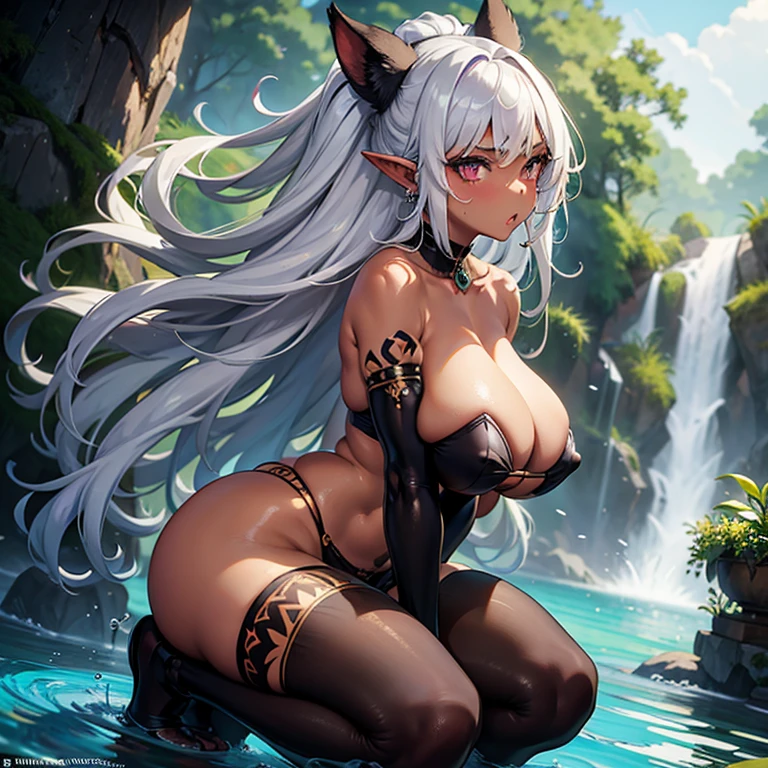 from side, jungle, falls, lake, tribal, mature woman, dark skin, very long curly hair, silver hair, tribal tattoos, loincloth, soaked, dripping, athletic body, wide hips, thick tights, huge breasts, partially submerged, indifferent look, undersized clothes, purple eyes, pointy ears, kneel