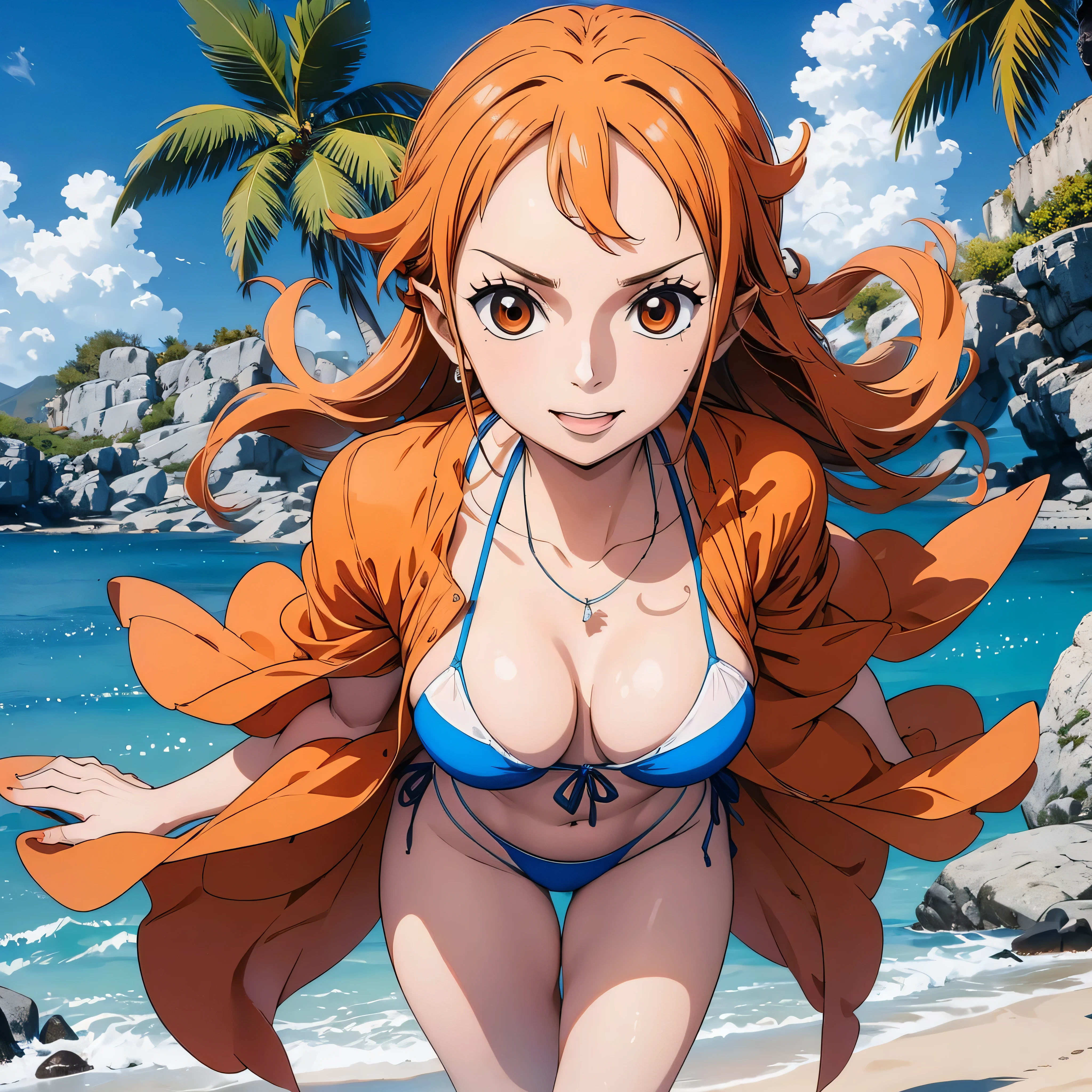 uma nami sosinha sentada na praia , wears a bikini and red miniskirt, olhos perfeitos , pernas perfeitas , coxa linda , cabelos rabo de cavalo laranjado , decote , peitos , segurando os peitos , lidas pernas , pernas perfeitas , paisagem bonita , uma obra-prima , arte de anime digital detalhada , Muito detalhes Artgerm haha, deviantart artstation cgsscosiety , fanart melhor artstation, Artgerm. alto detalhamento, peitos grandes, 8k , hdr.