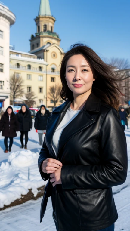 ((best quality, 8k, masterpiece, sports)), (View audience), Photorealism, sharp focus, alone, 47 years old in Central Street, Harbin,Elegant feminine,Happy and charming, Big breasts are beautiful,curls, Wrinkles at the corners of the eyes, emphasize, ((:1.3))),,40 years old, curls, Eyes have wrinkles,Wearing a light-colored down jacket)((Harbin Sophia Church Snow Background))