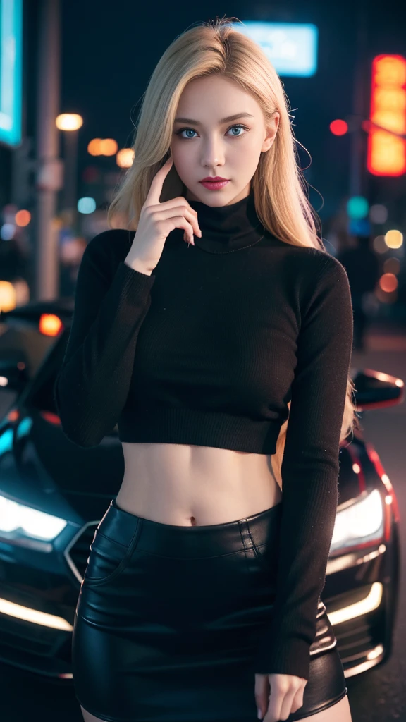 1girl,aluring,blonde,blue eyes,long hair,black clothing,sweater crop,poses front of the car,in the cyberpunk city,(best quality,4k,8k,highres,masterpiece:1.2),ultra-detailed,(realistic,photorealistic,photo-realistic:1.37),HDR,UHD,studio lighting,ultra-fine painting,sharp focus,physically-based rendering,extreme detail description,professional,vivid colors,bokeh,photo model,portraits,cyberpunk,nighttime,neon lights