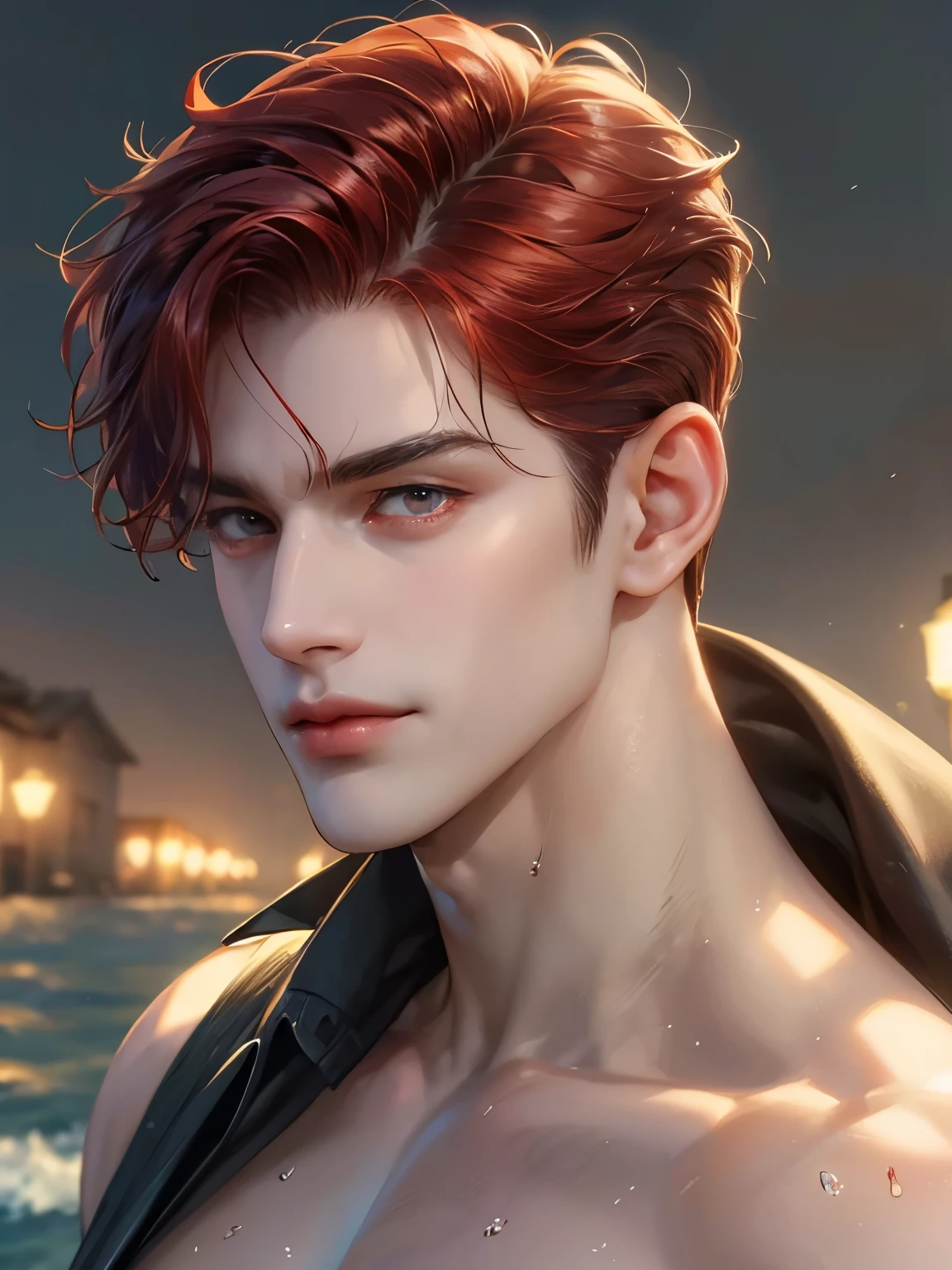 masterpiece, best quality, realistic 8K, one mature male, 26 years old, extremely detailed face, ((red eyes)), ((dark red quiff hair with bang parts 3:7 ratio)), dark red hair color, (( wet hair)), muscular abs ((naked)), Extremely delicate and stern face ((cold look)), ((sharp eyes)), cinematic lighting, modern era, (whole portrait), beach background, Muscular, big body , strong, smirked face, smirked, look at viewer, strong man ,