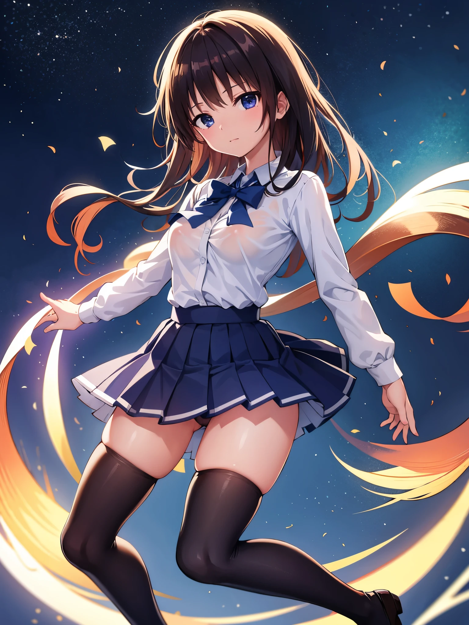 (1 girl),(high quality), (High resolution), (extremely detailed), (8K),(lower body shot),(She is wearing panties under her school uniform and short navy pleated skirt.),(wearing black knee-high stockings)not wearing shoes,perfect writing,(Beautifully erect nipple shape:1.2),High resolutionの美しい目,(neutral white lighting:1.2),Dancing in another world with strong winds