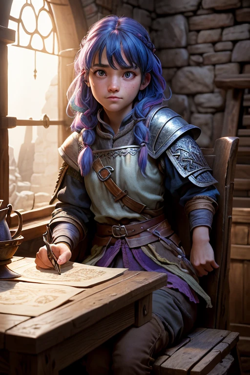 estilozrpg, scavenger girl, sitting inside a medieval fantasy tavern, Colorful tapestries on the walls Game of Thrones Hogwarts Bright morning sunlight streaming in from the Clutter-Home windows, (obra maestra:1.2) (Mejor calidad) (detallado) (intrincado) (8k) (HDR) (fondo de pantalla) (cinematic lighting) (Sharp focus)