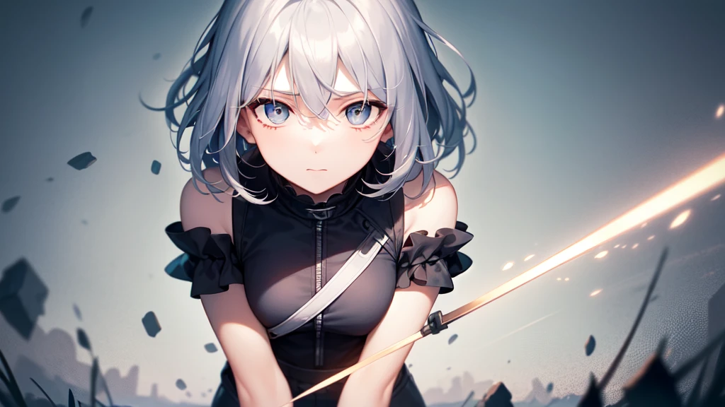 high-level image quality、top-quality、Detailed drawing、Does not blush cheeks、Slender beauty、full body Esbian、Docile、ninjartist、Kunoichi、Suku Swimsuit、Small eyes、Smaller chest、Contrasty、Gray-haired ultra-short-haired、Bery short hair、Holding a kunai in both hands、Battle Scene Pose、Holding a sword in both hands、With mask、Cladding、nightcity