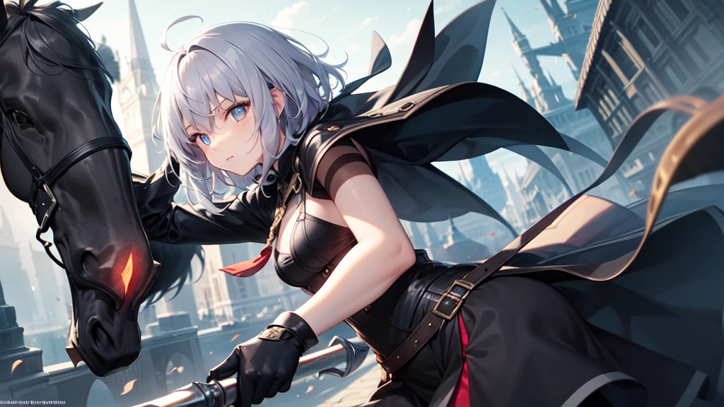 super high quality, girl, とてもshort hair, long bangs between the eyes, very detailed,(masterpiece、highest quality)、alone、dark gray, silver hair, gray eyes, beautiful eyes,、short hair,fantasylandscape,In combat、have a weapon