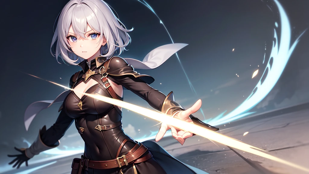 super high quality, girl, とてもshort hair, long bangs between the eyes, very detailed,(masterpiece、highest quality)、alone、dark gray, silver hair, gray eyes, beautiful eyes,、short hair,fantasylandscape,In combat、have a weapon