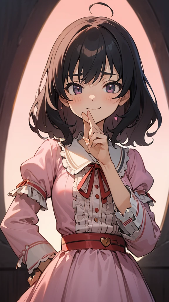 azhiichigo style,Big eyes, dense lines, Cute,,Uecla.Khoico,,Upper body,.\(Style\):Kawaii Style,,..\(Composition\):\1girl in,,..\(appearance\): consistency,Naughty face,Smile,Wavy Hair,Dark hair,Crimson Eye,..\(Clothing\):,(Clothing with a lot of frills, Lace and ribbon:1.2),(Pastel Color Style:1.1),put hands on the hip,Cheeky face,White and pink clothes,White and pink shoes,,..\(Behavior\):,..\(location\): (surround,Heart-shaped gemstones, Starry Heart),,..\(quality\): Best Quality,masutepiece,,.,