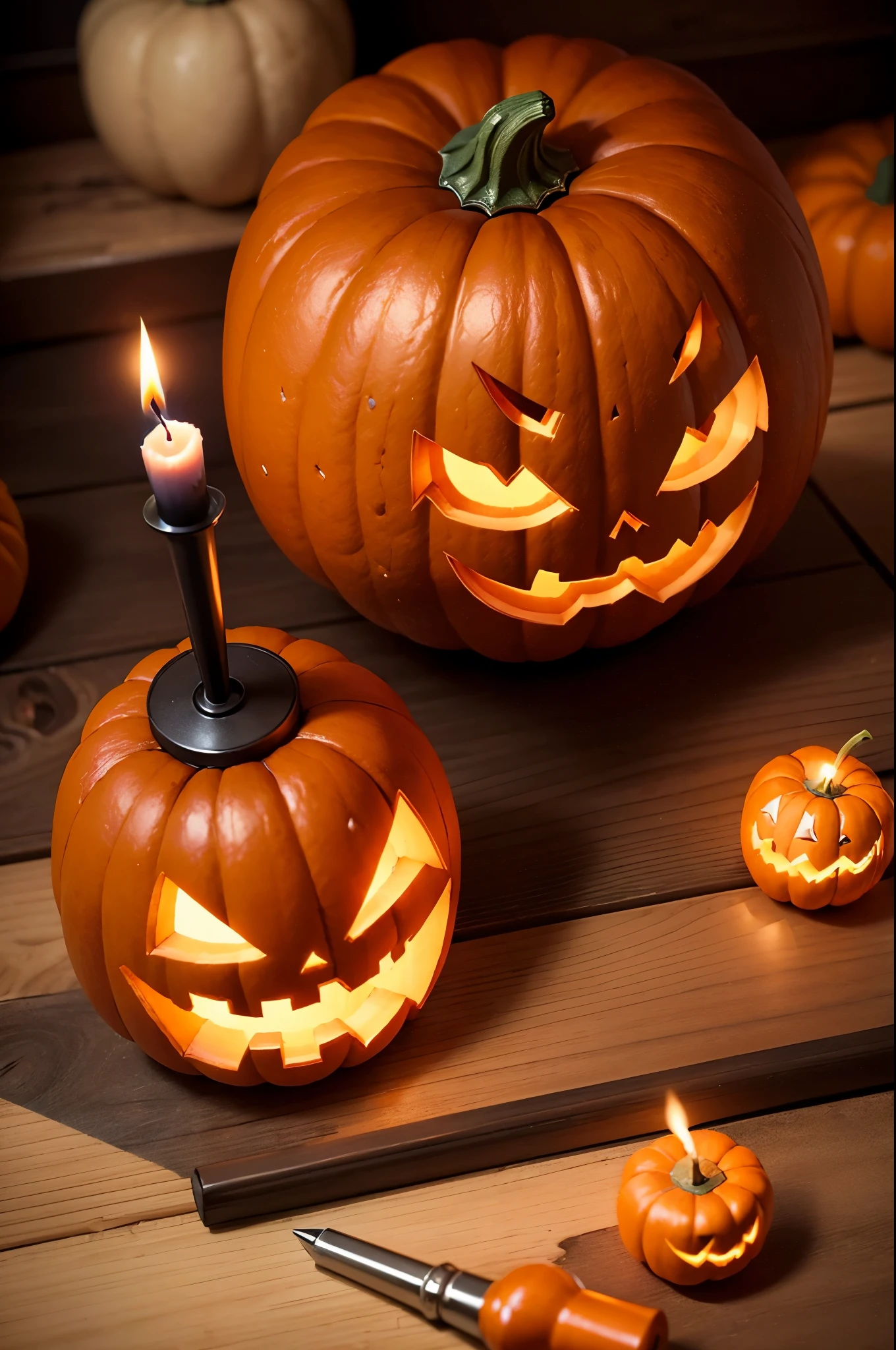 top-quality,masutepiece,Pumpkin Carving,((Jack-o'-lantern,Orange pumpkin:1.3、Peeler Candle,Ball Candle))),the bats,Flying bats,longshot, (low angles), (top down), Realistic scale,Significant shrinkage:1.5、photos realistic、Super Detail, Realistic, Super realistic, lifelike rendering, (((darkened room:1.rofessional Photographer