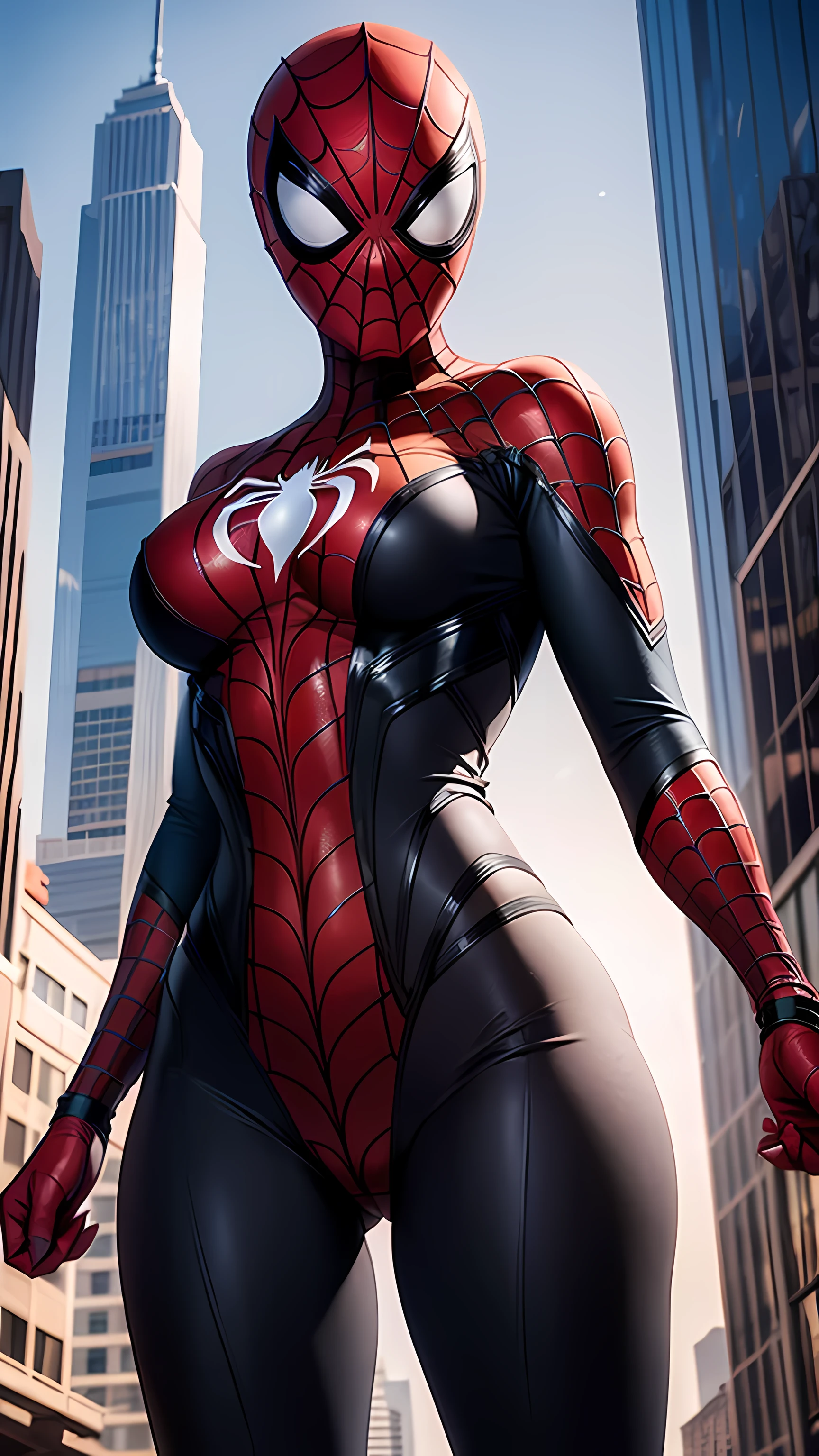 Female Black Spider-Man，whole body，skyscraper top，iOS depth scene，Breasts are super big， background，camel toe
