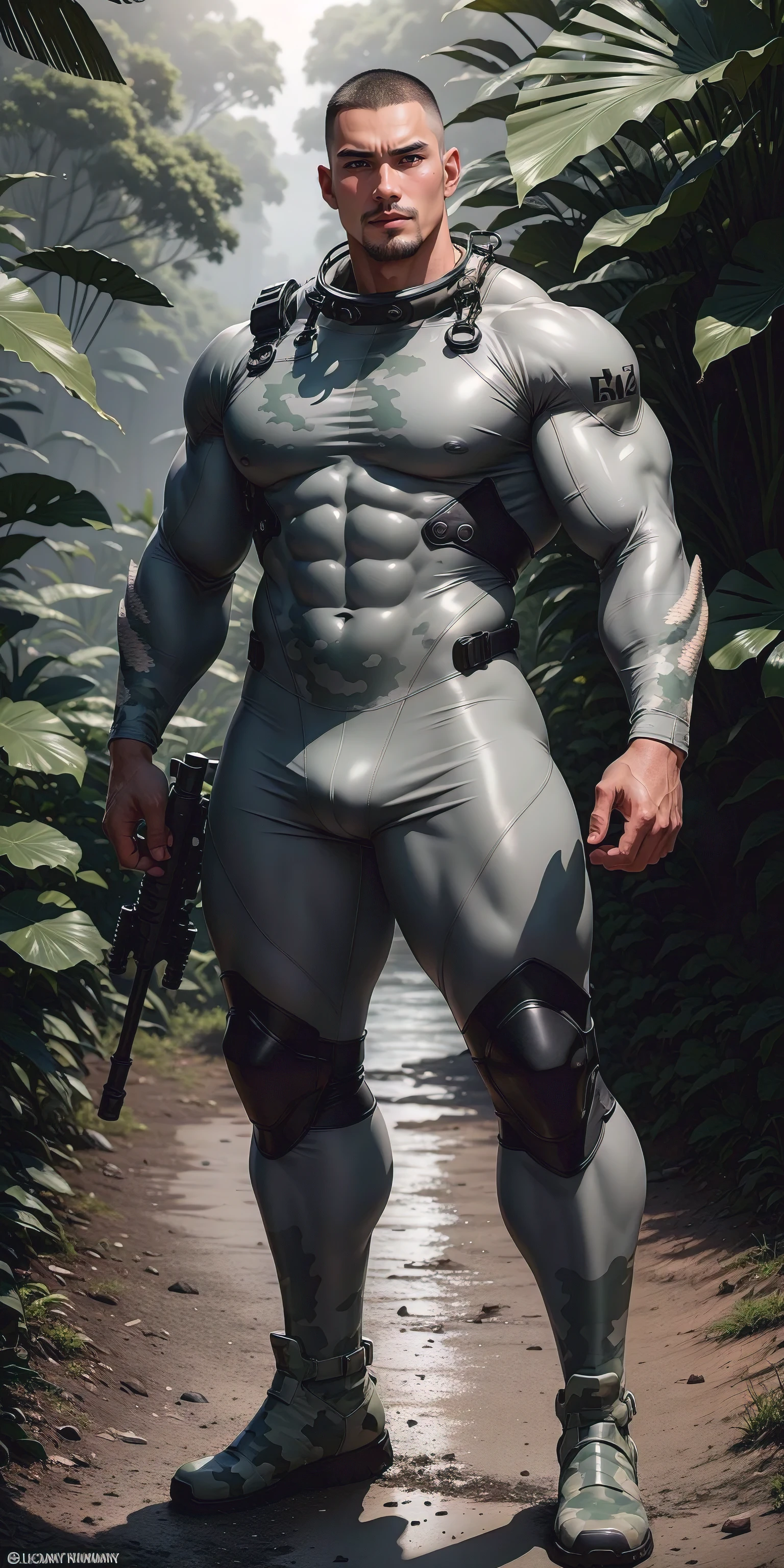 Tall giant muscular man with his mouth open and screaming.，Light gray camouflage uniform，strong tough guy，Buzz Cut，Wearing a light gray camouflage diving suit，matte texture，regular symmetrical texture pattern，Standing in the dark sugar cane jungle, The body  wrapped in thick rattan，Sad expression，Deep and charming eyes，The hero with emerald pupils，heroic male pose，高urly，muscular！Charming leg muscles，High, burly, Heqiang， Wearing a light gray camouflage diving suit， Super gain and cool， high resolution committee， Big feet in black boots，Charming strong man，The bright sunshine shines on you