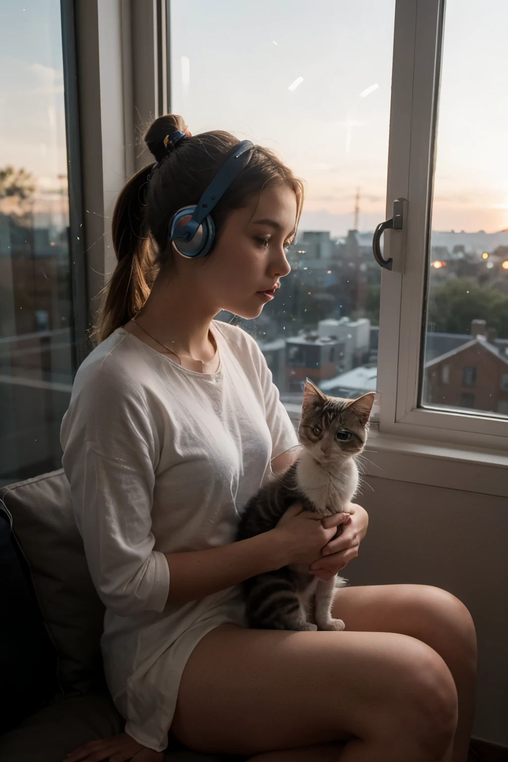 an indoor scene at dusk,with a deep blue sky and twinkling stars,a girl with a ponytail and a kitten sitting facing the window,looking outside.the girl  wearing headphones and listening to music,lofi,girl,beautiful five finger hand