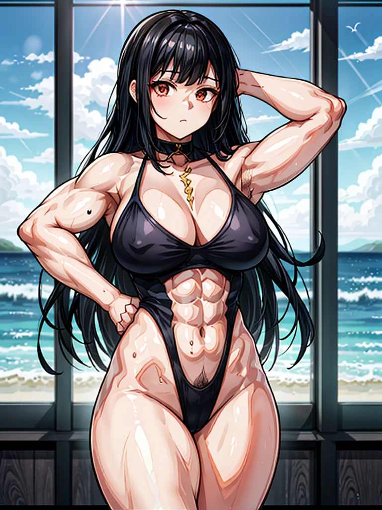 (((masterpiece、Highest image quality、highest quality、highly detailed unity 8kwallpaper)))、((Illustration of one girl))、(((beautiful girl)))、((black hair、Very Longhair、straight、golden hair ornament、red eyes、Three white eyes:1.4))、(tall、stocky build:1.3, thickset physique:1.3, muscular legs, broad shoulders, solid chest,Armpit Hair:1.4、hairy armpits)、swimsuit、sandy beach