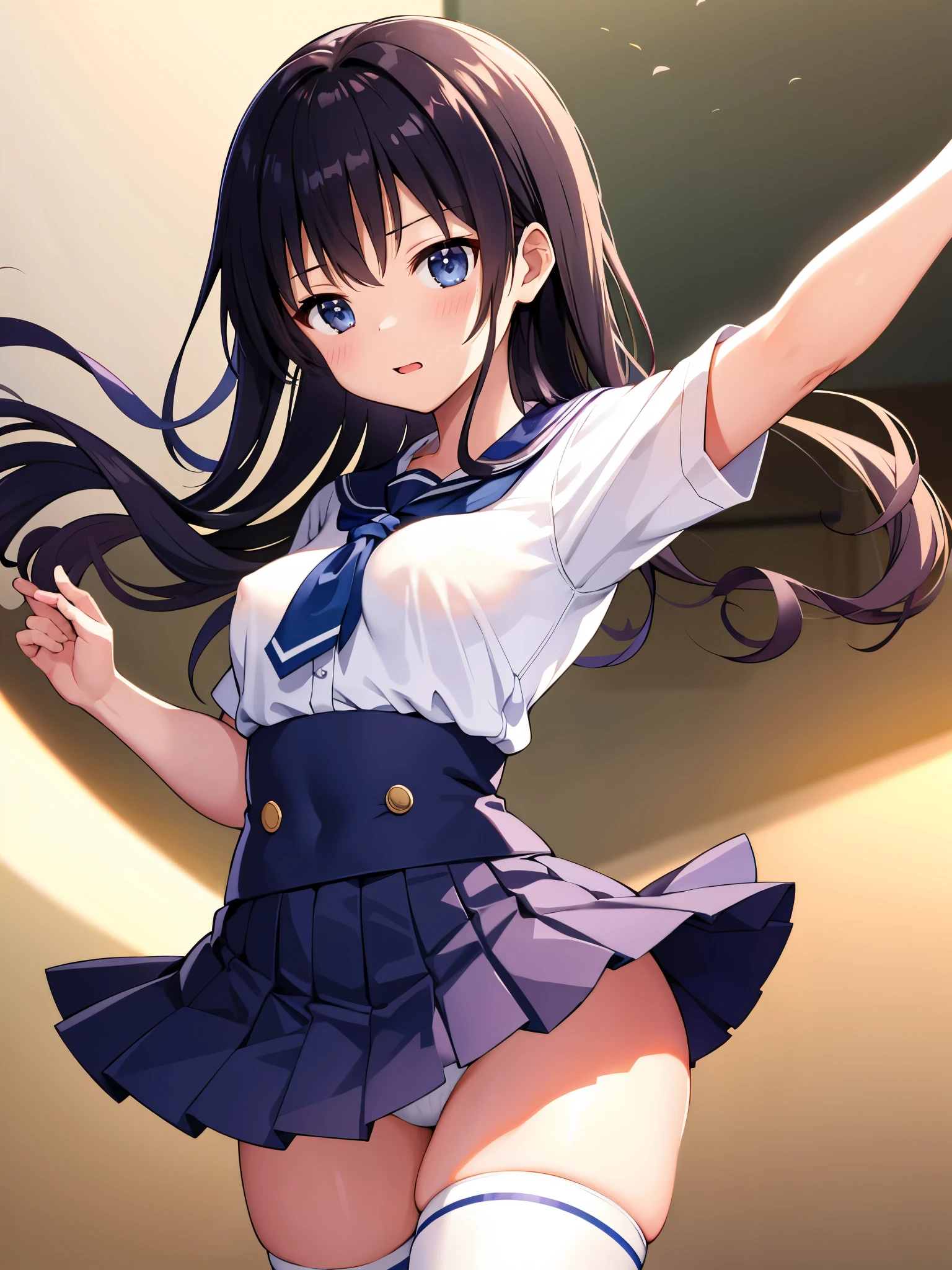 (1 girl),(high quality), (High resolution), (extremely detailed), (8K),(lower body shot),(She is wearing panties under her school uniform and short navy pleated skirt.),(wearing black knee-high stockings)not wearing shoes,perfect writing,(Beautifully erect nipple shape:1.2),High resolutionの美しい目,(neutral white lighting:1.2),Dancing in another world with strong winds