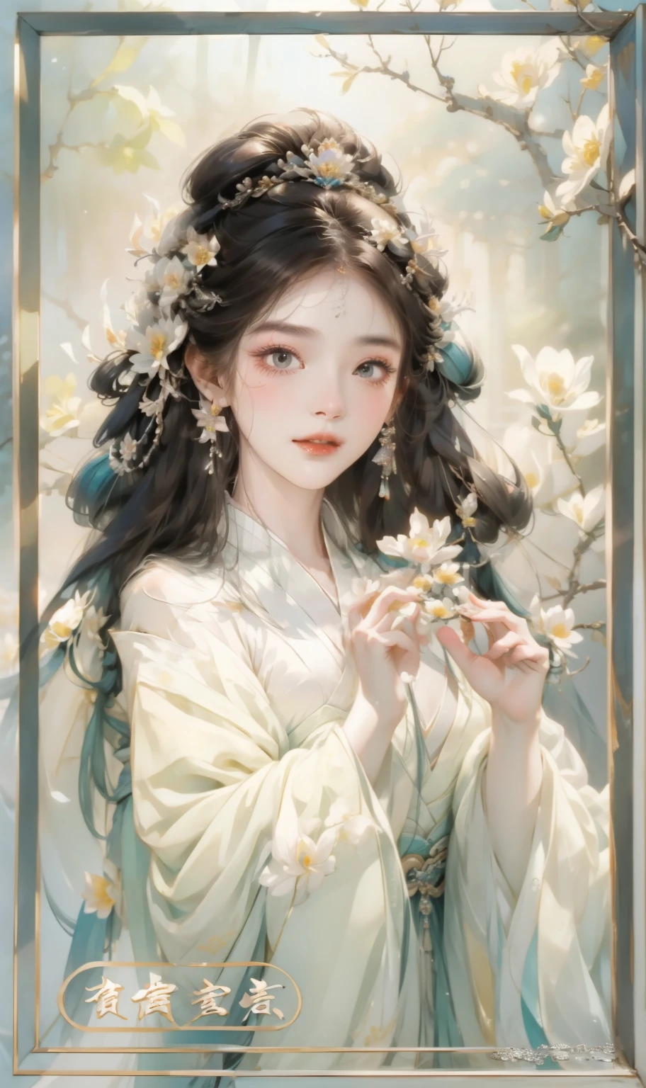 Close-up of woman with a flower in her hair, beautiful figure painting, beautiful fantasy queen, ((beautiful fantasy queen)), Inspired by Qiu Ying, Inspired by Zhang Yin, Inspired by Lan Ying, palace ， A girl wearing Hanfu, Inspired by Huang Ji, Inspired by Ma Yuanyu, Inspired by Tang Yifen
