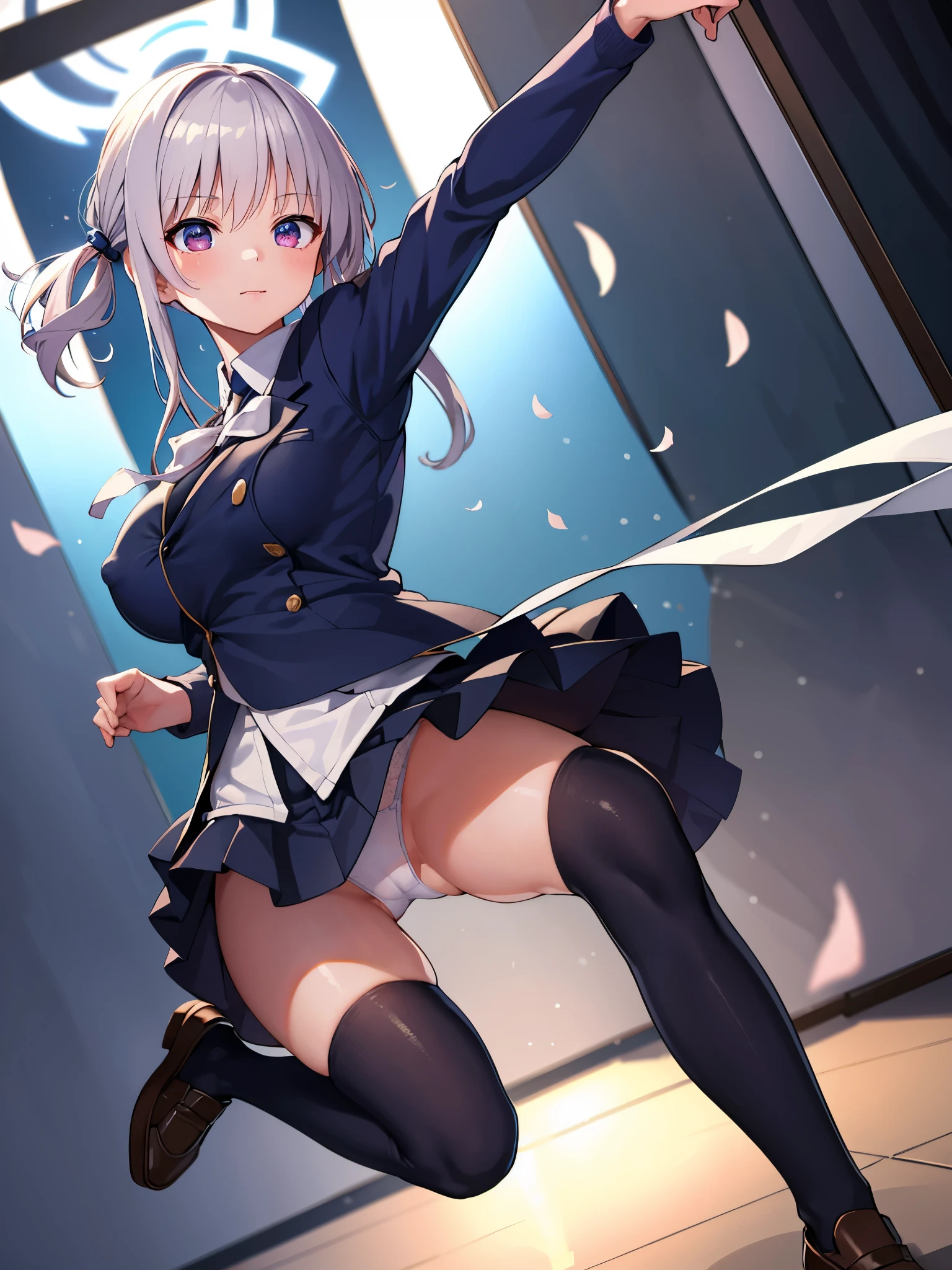 (1 girl),(high quality), (High resolution), (extremely detailed), (8K),(lower body shot),(She is wearing panties under her school uniform and short navy pleated skirt.),(wearing black knee-high stockings)not wearing shoes,perfect writing,(Beautifully erect nipple shape:1.2),High resolutionの美しい目,(neutral white lighting:1.2),Dancing in another world with strong winds