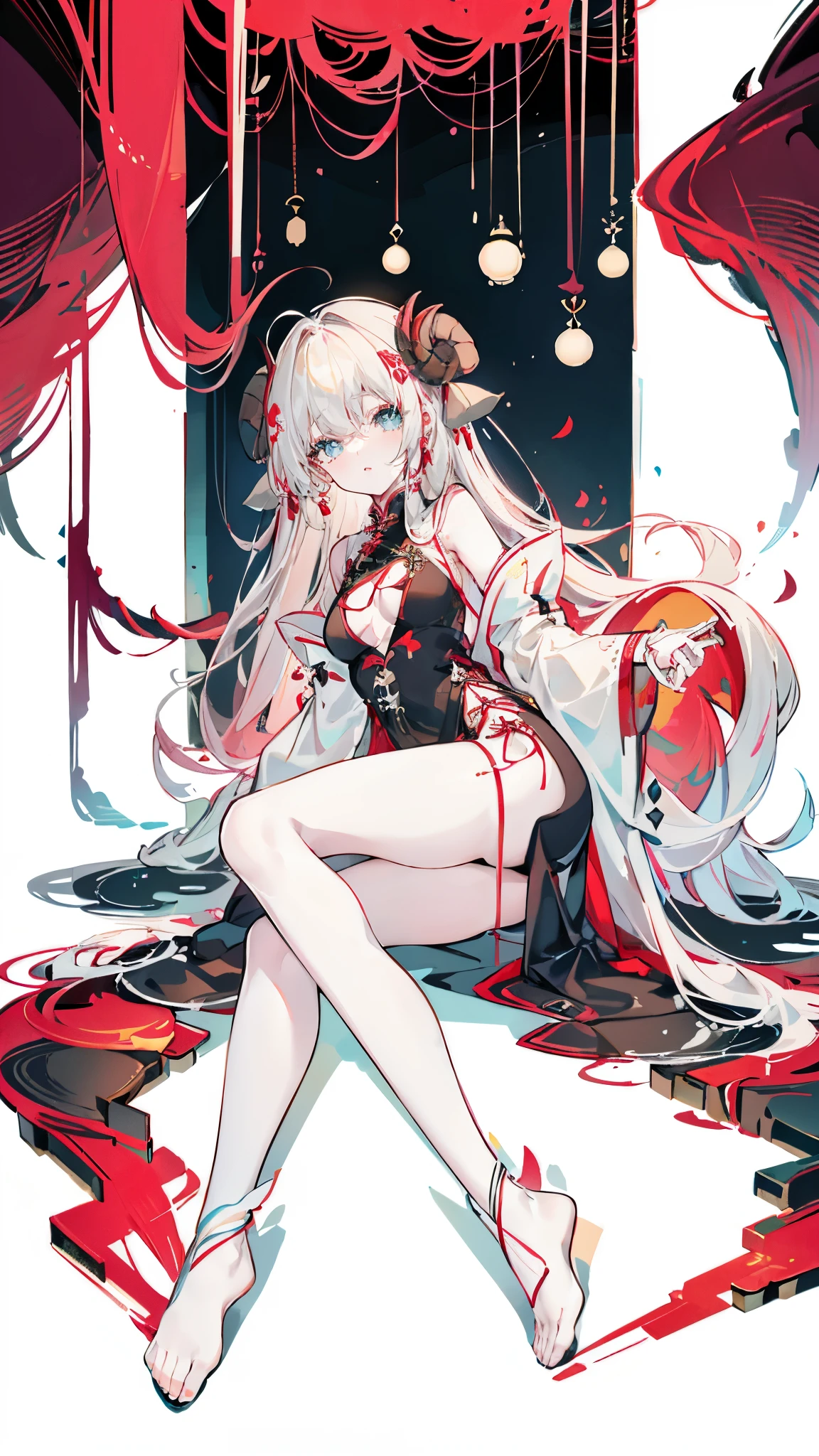 a girl，sheep&#39;bugle, full color,  long white hair, Red眼睛 ，Eyeliner,  black transparent clothes, Red, open air, Rose, night, ruins, Butterfly，mine same as the original, mine, , (:1.2)
rest, (cheongsam), (view from below), (place one's arms behind one's back), (wild lift), thin dress, Crotch cutout, best quality, high resolution, unified 8k wallpaper, (illustration:0.8), (beautiful and delicate eyes:1.6), extremely detailed face, perfect lighting, Very detailed cg, (perfect hands, perfect anatomy),soles of feet，sitting，blond，red lips，Acting cute，Close-up of feet，Soon，perfect feet