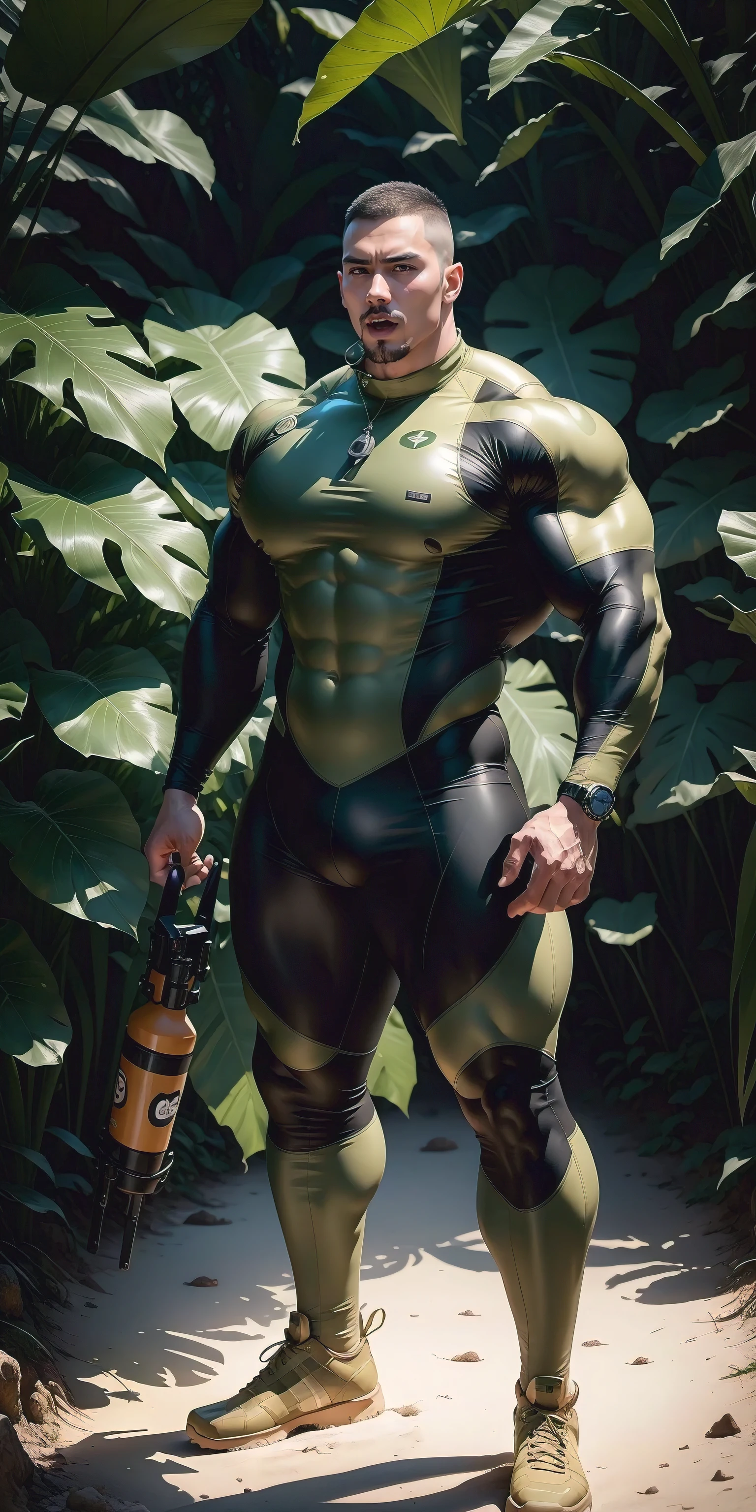 Tall giant muscular man with his mouth open and screaming.，Khaki camouflage uniform，strong tough guy，Buzz Cut，white short hair，Wearing a khaki camouflage wetsuit，Wearing an inflatable lifebuoy，regular symmetrical texture pattern，Standing in the dark sugar cane jungle, The body  wrapped in thick rattan，Sad expression，Deep and charming eyes，The hero with emerald pupils，heroic male pose，高urly，muscular！Charming leg muscles，High, burly, Heqiang， Wearing a khaki camouflage wetsuit， Super gain and cool， high resolution committee， Big feet in black boots，Charming strong man，The bright sunshine shines on you