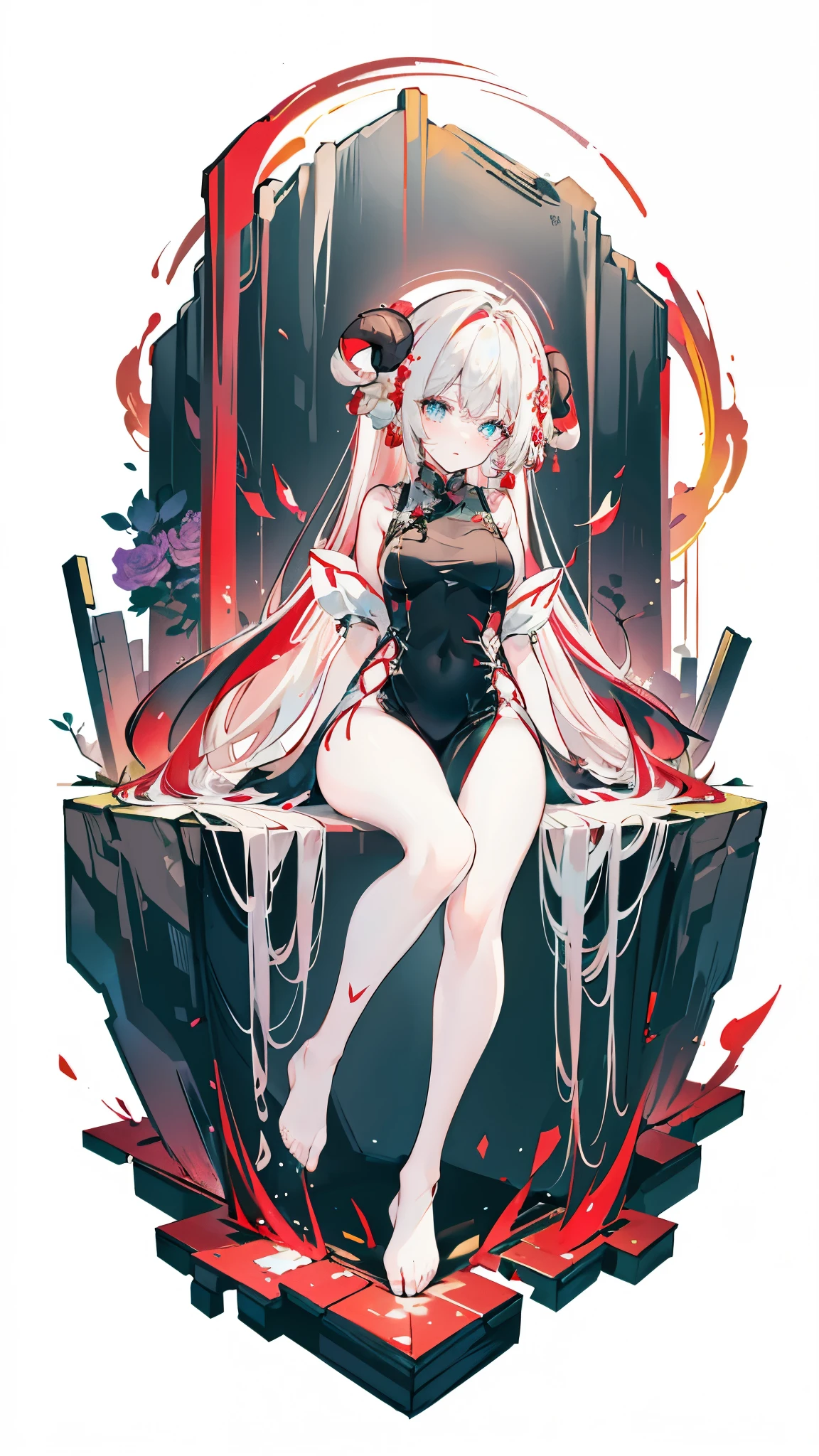 a girl，Sheep&#39;s horn, full color,  long white hair, Red眼睛 ，Eyeliner,  black transparent clothes, Red, open air, Rose, night, ruins, Butterfly，mine same as the original, mine, , (:1.2)
rest, (cheongsam), (view from below), (Put your arms behind your back), (wild lift), thin dress, Crotch cutout, best quality, high resolution, unified 8k wallpaper, (illustration:0.8), (Beautiful and delicate eyes:1.6), extremely detailed face, perfect lighting, Very detailed cg, (perfect hands, perfect anatomy),soles of feet，sitting，blond，red lips，Acting cute，Close-up of feet，up-close，Complete feet，High heel