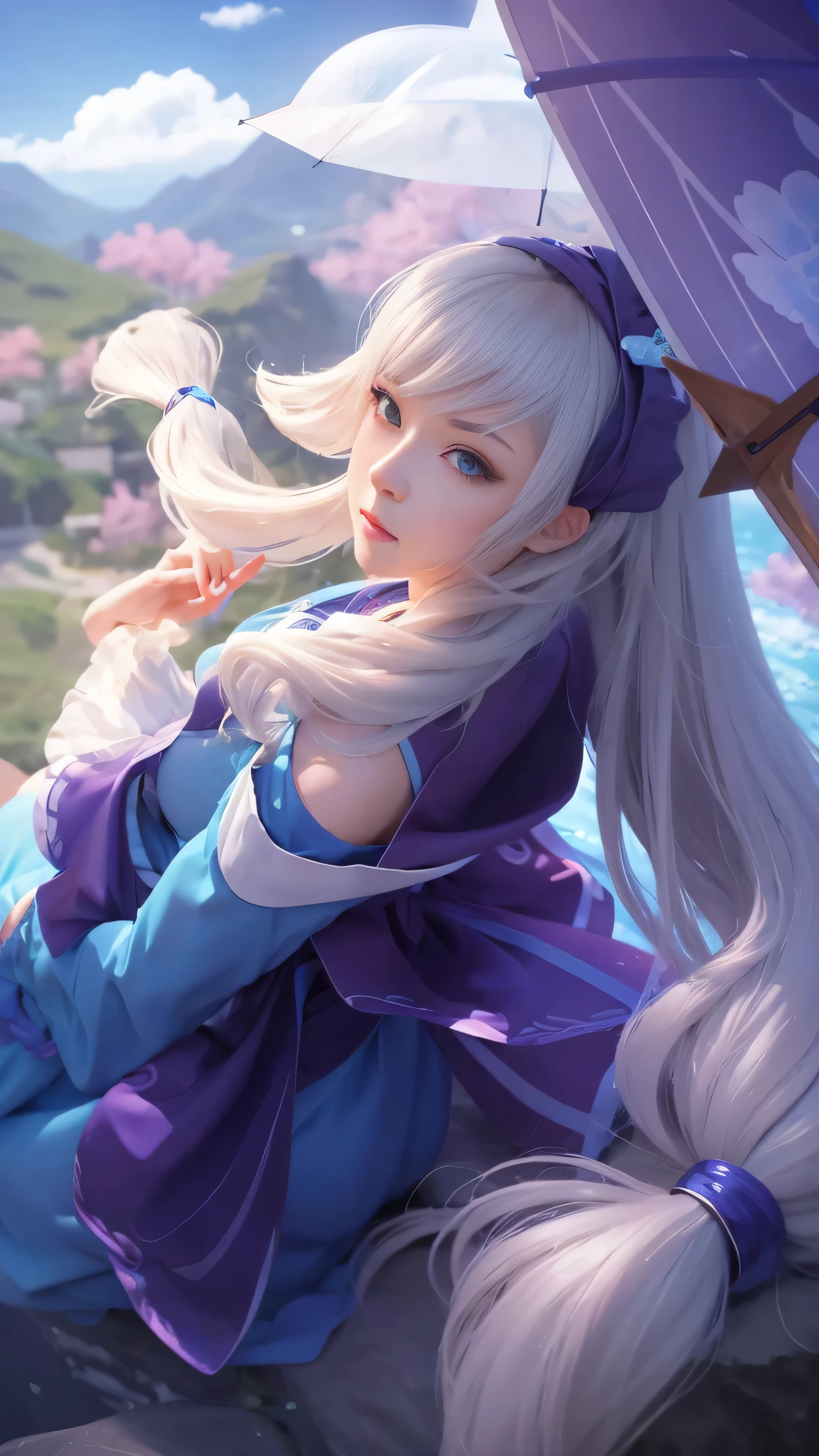 8k, highly detailed, anime girl with long white hair and blue dress sitting on a rock carrying an umbrella