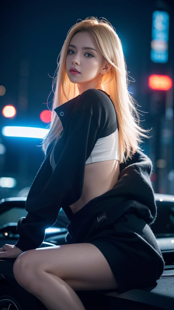 1girl,aluring,blonde,blue eyes,long hair,black clothing,sweater crop,poses front of the car,in the cyberpunk city,(best quality,4k,8k,highres,masterpiece:1.2),ultra-detailed,(realistic,photorealistic,photo-realistic:1.37),HDR,UHD,studio lighting,ultra-fine painting,sharp focus,physically-based rendering,extreme detail description,professional,vivid colors,bokeh,photo model,portraits,cyberpunk,nighttime,neon lights