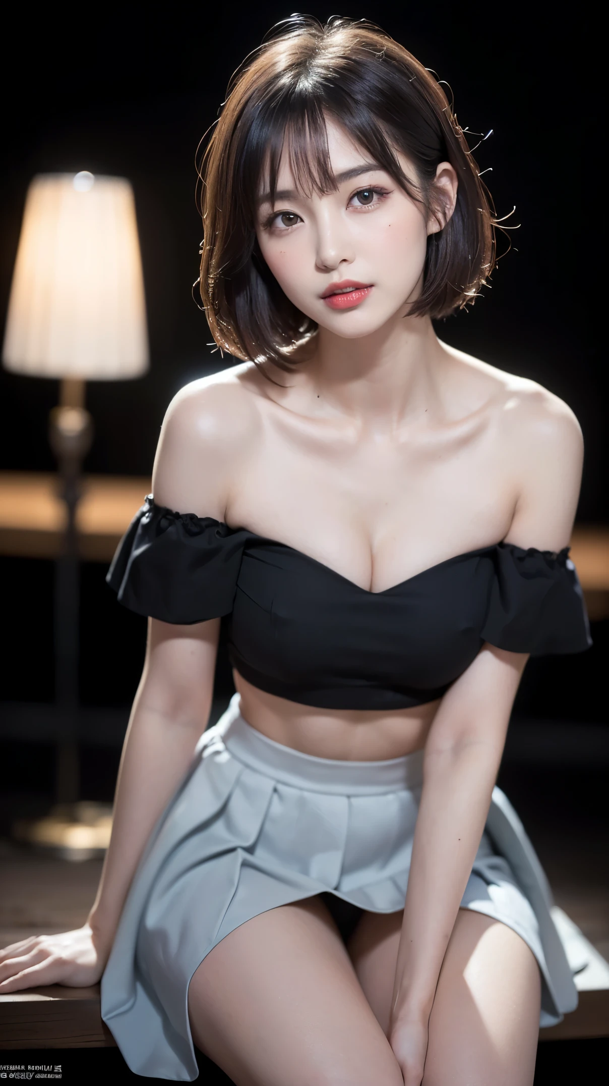 (((1 girl:1.3, alone))), A Extremely close-up images of faces of extremely pretty and beautiful Japanese woman, (((symmetry:1.5, centered image:1.5))), (1 emphasize charming: Composition 1), (Extremely close-up images of faces:1.5), (model), business attire, (22 years old: 1.1), (from below:1.3, low angle), (sit astride:1.5, across the audience:1.5), ((girl on top:1.5)), ((Put your hands on:1.3)), (Attractive random poses:1.3), rest, (Shiny fine black hair:1.2), (Messy hair in waves:1.3), dark brown eyes, beautiful eyes, princess eyes, Bangs, hair between eyes, short hair:1.3, contain, abdominal muscles, perfect abdominal muscles, (huge:1.5, droop:1.5, Disproportionate:1.5), (thin waist: 1.15, abdominal muscles:0.95), (Detail of beautiful girl: 1.4), open, red lips, Full makeup, (shiny skin), ((perfect female body)), (Upper body pictures:1.perfect anatomy, Korean actress has perfect face proportions:1.3, Extremely cute and beautiful Japanese actress face:1.3, charming smile, happy, rest, (bare shoulders, crowded together, view viewer, (Off-the-shoulder ruffled top:1.3), (loose pleated skirt:1.3), Detailed clothes, rest, ( dark gray background:1.2), (dark background), (Soft studio lighting: 1.3), (Fake lights: 1.3), (backlight: 1.3), rest, (actual, lifelike: 1.37), (masterpiece, best quality: 1.2), (ultra high resolution: 1.2), (original photo: 1.2), (sharp focus: 1.3), (Face focus: 1.2), (Super detailed CG unified 8k wallpaper: 1.2), (beautiful skin: 1.2), (pale skin: 1.3), (Hyper sharp focus: 1.5), (Ultra sharp focus: 1.5), (beautiful pretty face: 1.3), (Super detailed background, Detail background: 1.3), Ultra actual Photo, super clear image, Ultra-detailed images,