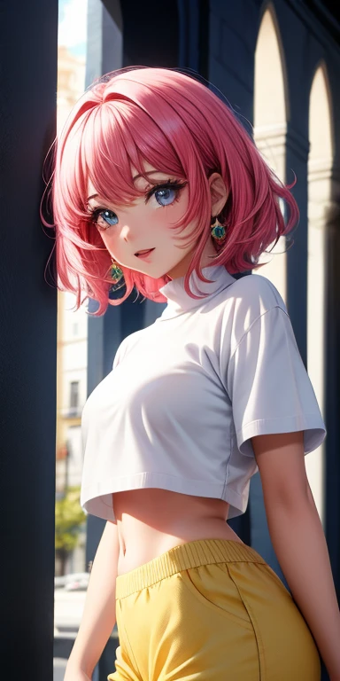 ultrarrealista, 1 chica, Cabello rosa rubio, ojos azules, ojos brillantes, Crop top sweater, aula, falda, Labios partidos, rubor, Ventanas tintadas
