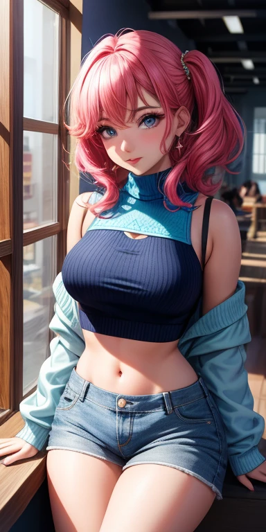 ultrarrealista, 1 chica, Cabello rosa rubio, ojos azules, ojos brillantes, Crop top sweater, aula, falda, Labios partidos, rubor, Ventanas tintadas