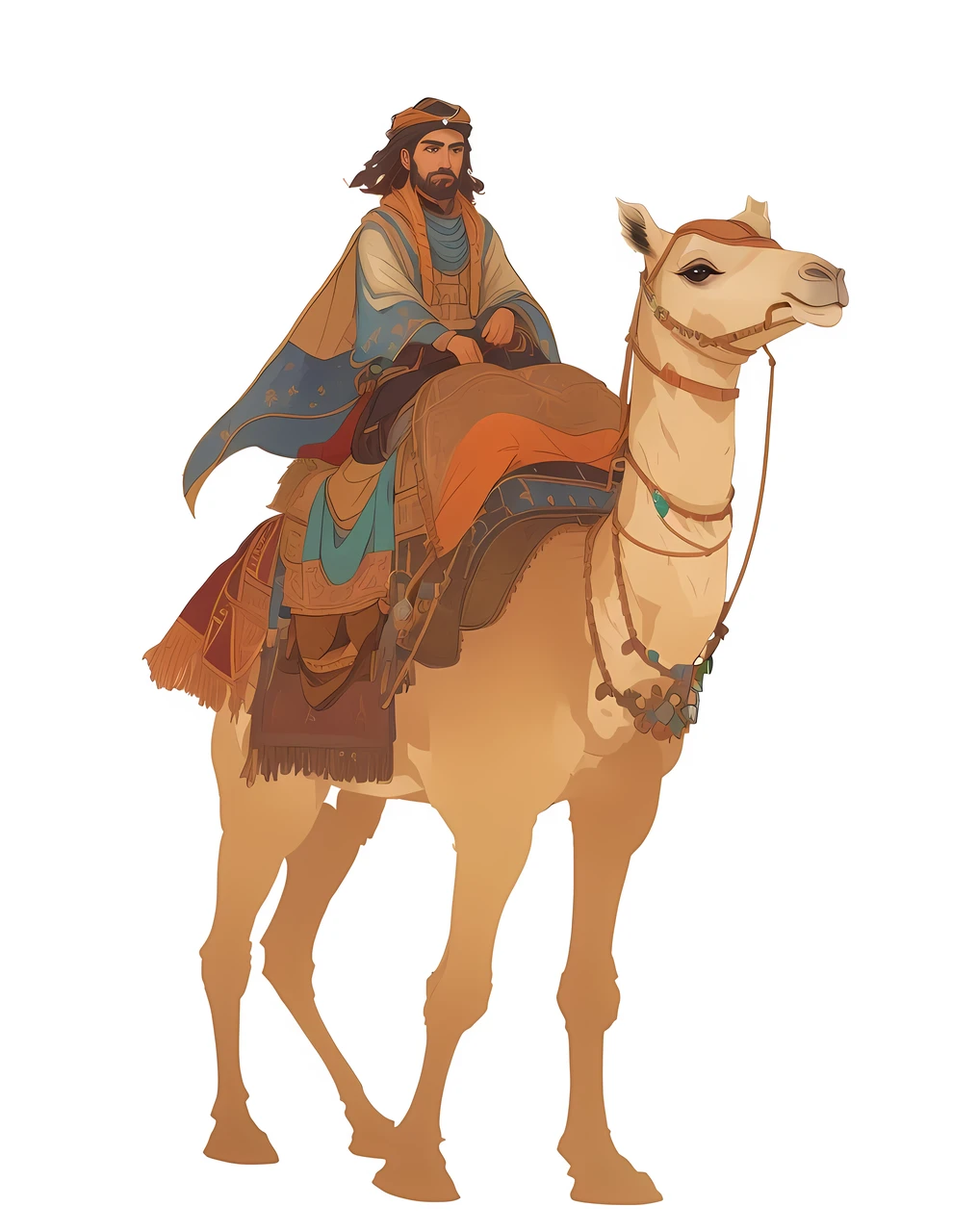 there a man riding a camel with a saddle on it, camel god, riding a camel, the wise man riding on top, Portrait of Bedouin D&d, desert nomad, Gurwitz style artwork, , king of the desert, guweiz, by Sam Bosma, wretched camel, camel, cyborg camel