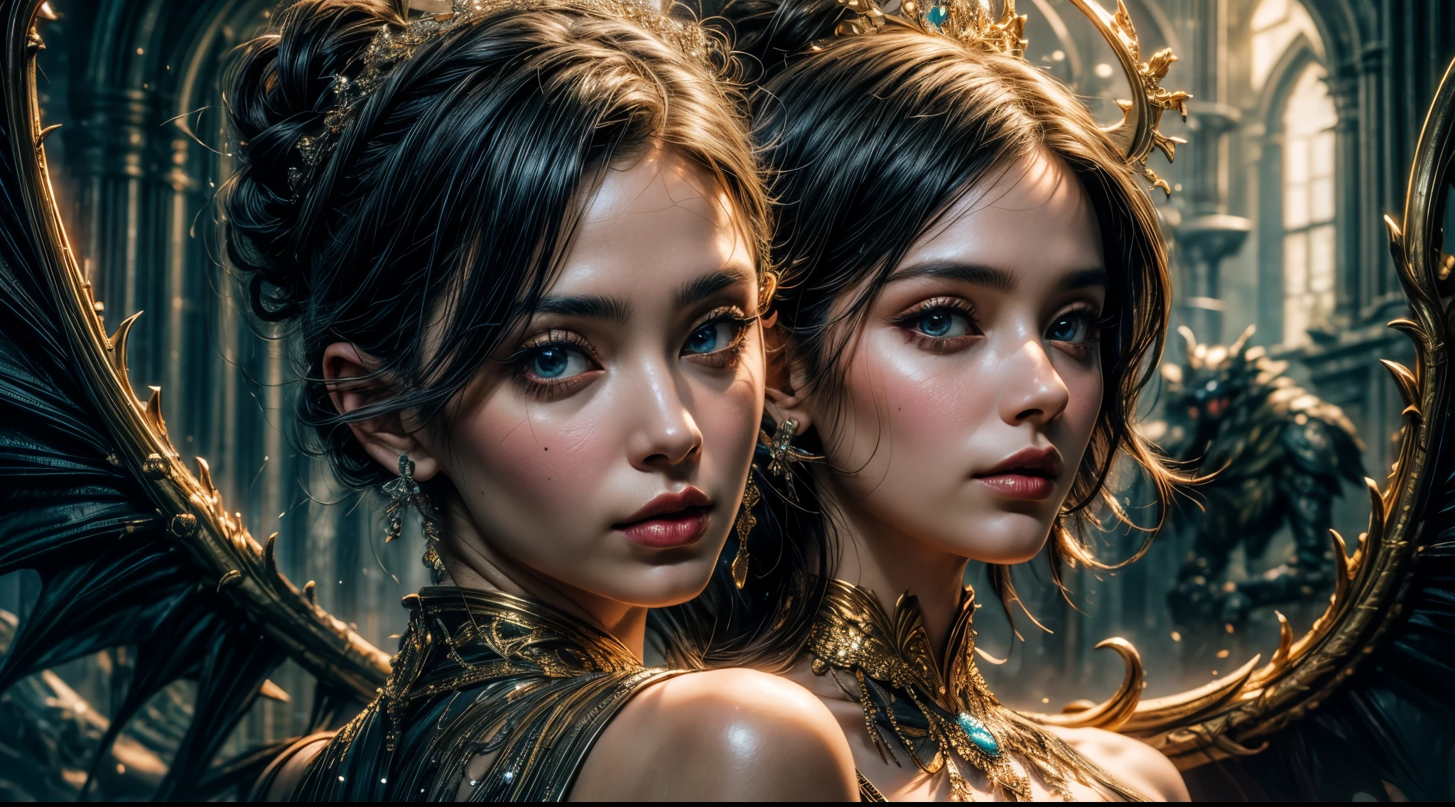 masterpiece,quality,best quality,official art,Beauty and Aesthetics:1.2),(masterpiece:1.3), (8K, realistically, RAW photo quality: 1.4), beautiful face, (realistic face),ultra high resolution, Super real photos, Very detailed, golden ratio, (Energetic:1.3),(saturate:1.3),unreal engine, (high detail: 1.9),(woman:1.4),(figure),Miss,Dragon's Horn,bat wings,ruined castle,middle Ageid shot portrait