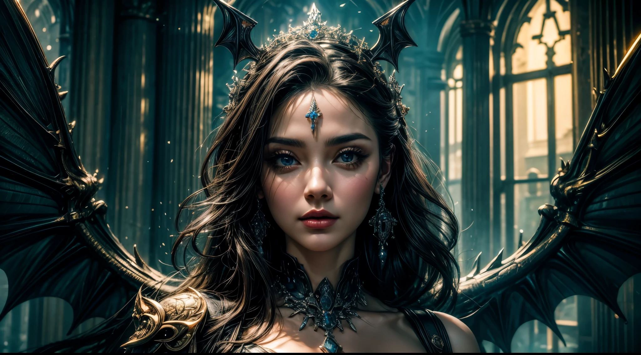 masterpiece,quality,best quality,official art,Beauty and Aesthetics:1.2),(masterpiece:1.3), (8K, realistically, RAW photo quality: 1.4), beautiful face, (realistic face),ultra high resolution, Super real photos, Very detailed, golden ratio, (Energetic:1.3),(saturate:1.3),unreal engine, (high detail: 1.9),(woman:1.4),(figure),Miss,Dragon's Horn,bat wings,ruined castle,middle Ageust