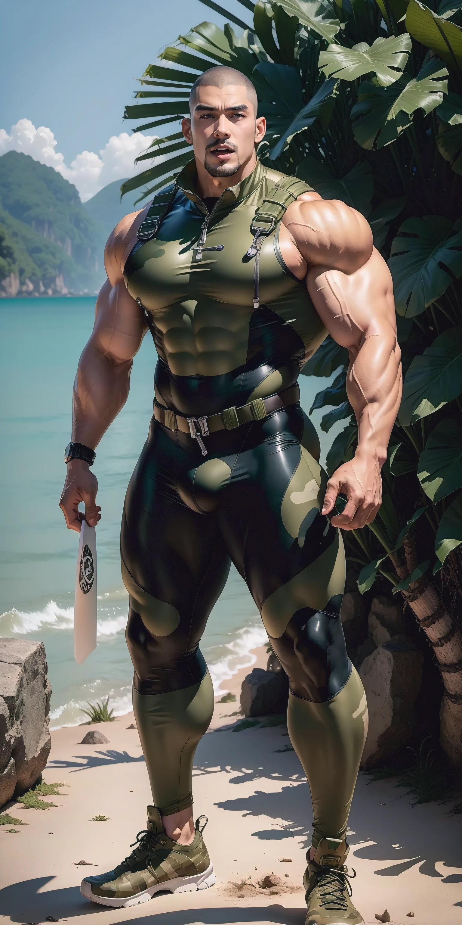 Tall giant muscular man with his mouth open and screaming.，Khaki camouflage uniform，strong tough guy，Buzz Cut，white short hair，Wearing a khaki camouflage wetsuit，Wearing an inflatable lifebuoy，regular symmetrical texture pattern，Standing in the dark sugar cane jungle, The body  wrapped in thick rattan，Sad expression，Deep and charming eyes，The hero with emerald pupils，heroic male pose，高urly，muscular！Charming leg muscles，High, burly, Heqiang， Wearing a khaki camouflage wetsuit， Super gain and cool， high resolution committee， Big feet in black boots，Charming strong man，The bright sunshine shines on you