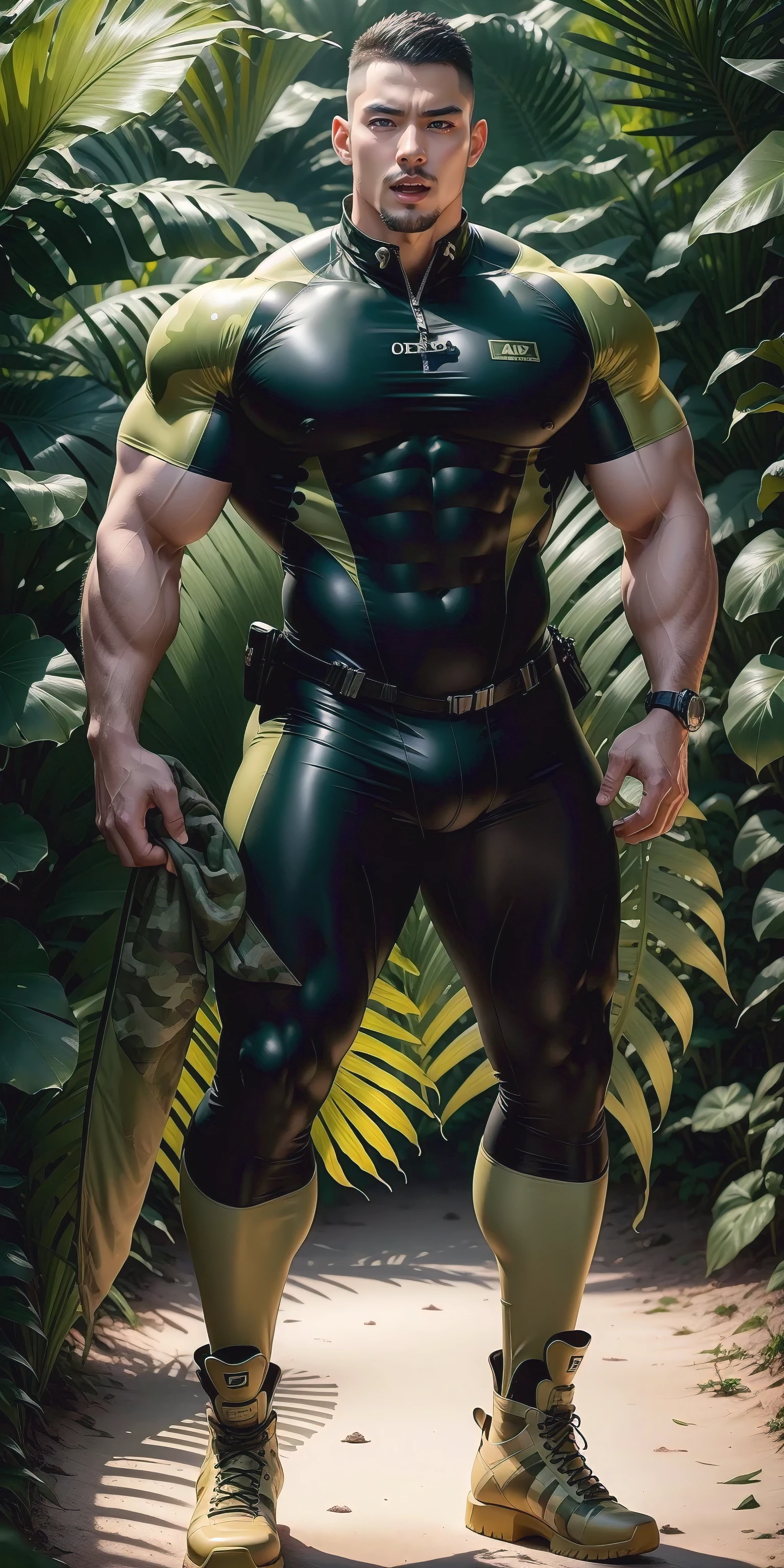 Tall giant muscular man with his mouth open and screaming.，Khaki camouflage uniform，strong tough guy，Buzz Cut，white short hair，Wearing a khaki camouflage wetsuit，Wearing an inflatable lifebuoy，regular symmetrical texture pattern，Standing in the dark sugar cane jungle, The body  wrapped in thick rattan，Sad expression，Deep and charming eyes，The hero with emerald pupils，heroic male pose，高urly，muscular！Charming leg muscles，High, burly, Heqiang， Wearing a khaki camouflage wetsuit， Super gain and cool， high resolution committee， Big feet in black boots，Charming strong man，The bright sunshine shines on you