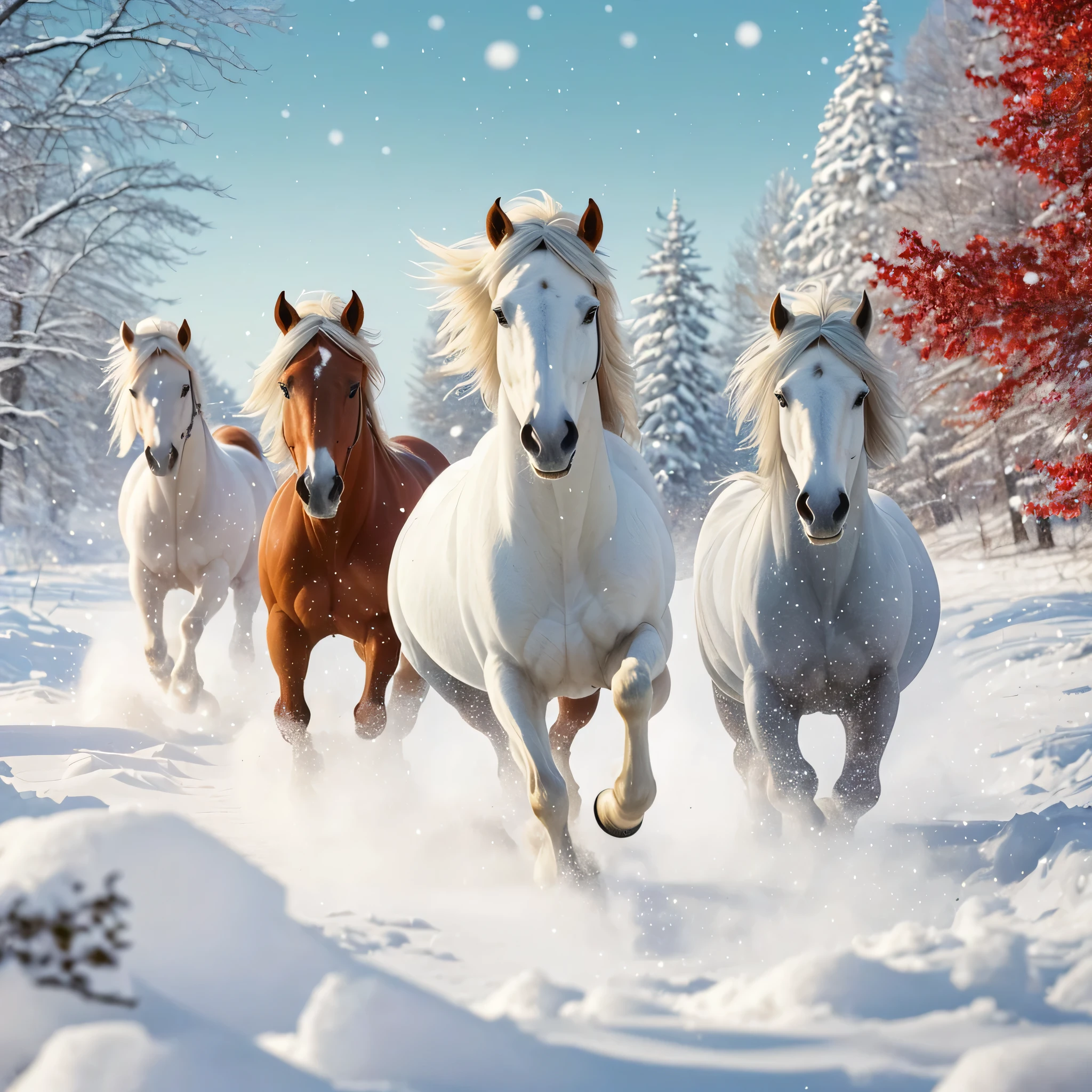 horses running in the snow in a snowy forest, galloping through the forest, majestic horses, horses in run, horses, wallpaper 4k, wallpaper 4 k, high quality wallpaper, galloping, winter scene fantasy, wallpaper - 1 0 2 4, hd wallpaper, by Igor Grabar, an all white horse, high-quality wallpaper, amazing wallpaper, wallpaper background