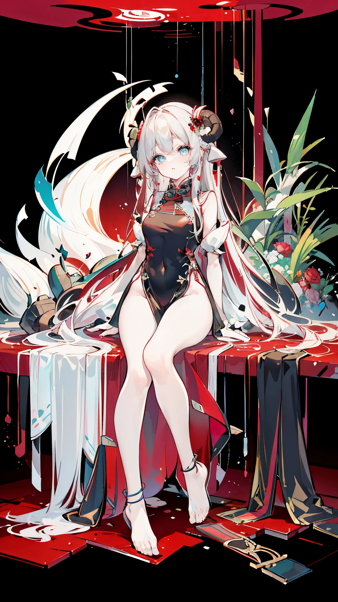 a girl，Sheep&#39;s horn, full color,  long white hair, Red眼睛 ，Eyeliner,  black transparent clothes, Red, open air, Rose, night, ruins, Butterfly，mine same as the original, mine, , (:1.2)
rest, (cheongsam), (view from below), (Put your arms behind your back), (wild lift), thin dress, Crotch cutout, best quality, high resolution, unified 8k wallpaper, (illustration:0.8), (Beautiful and delicate eyes:1.6), extremely detailed face, perfect lighting, Very detailed cg, (perfect hands, perfect anatomy),soles of feet，sitting，blond，red lips，Acting cute，Close-up of feet，up-close，Complete feet，High heel，side